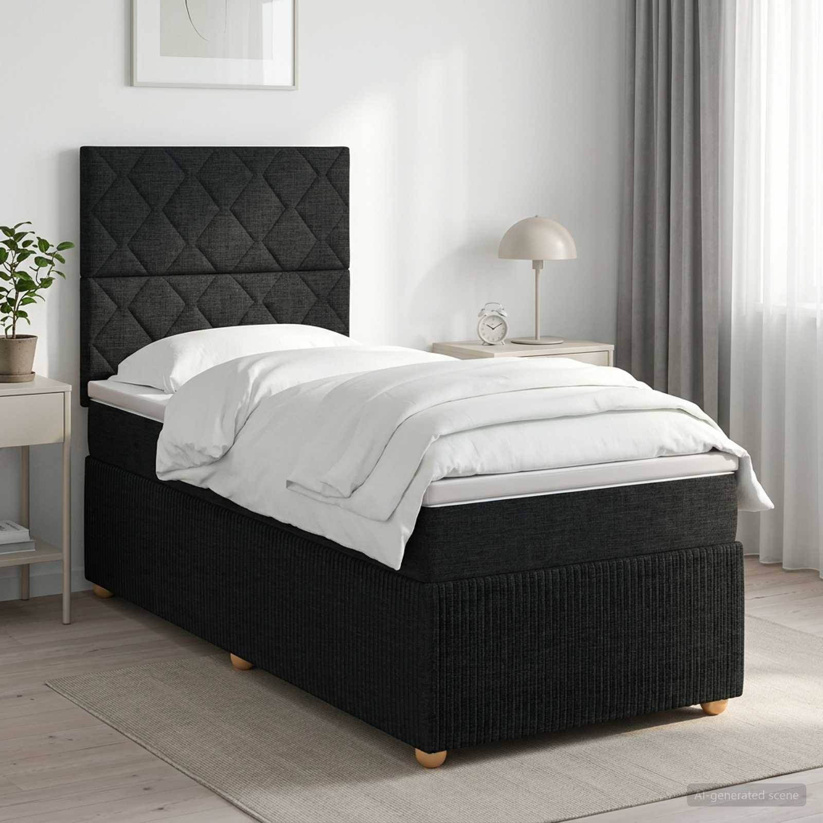 Modernes Schlafzimmer mit einem dunkel gepolsterten Einzelbett, weißer Bettwäsche, Nachttisch, Lampe und transparenten Vorhängen in weichem Naturlicht.