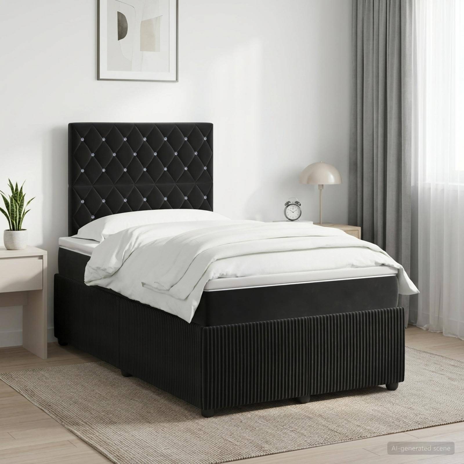 Modernes Schlafzimmer mit einem schwarzen gesteppten Bett, bezogen mit weißer Bettwäsche, neben einem kleinen Tisch mit Pflanze und Lampe, in der Nähe eines Fensters mit Vorhängen.