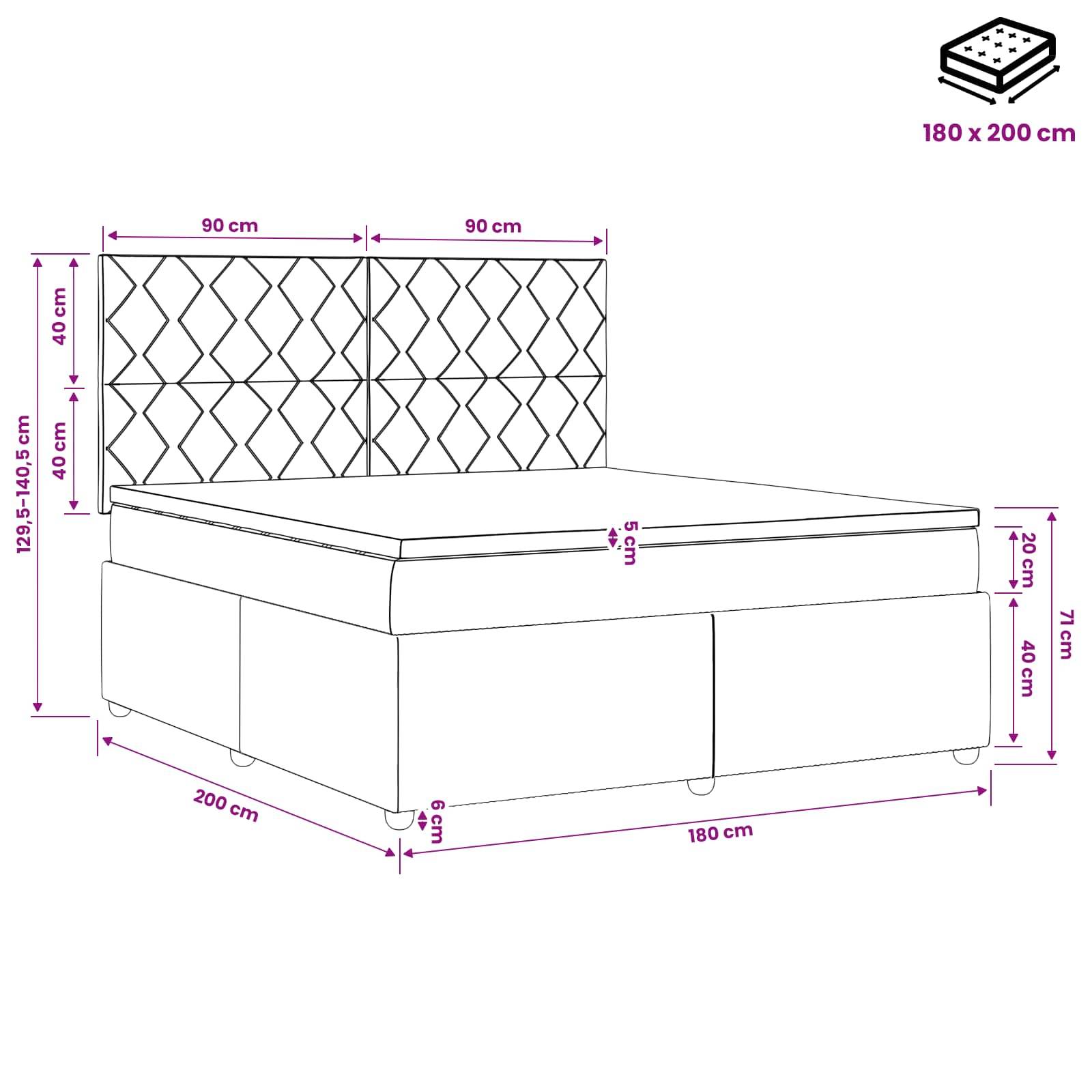 Diagramm einer gesteppten gepolsterten Bettablage mit Kopfteil, das eine Matratzengröße von 180 x 200 cm zeigt und gekennzeichnete Abmessungen für Bettrahmen und Kopfteil angibt.