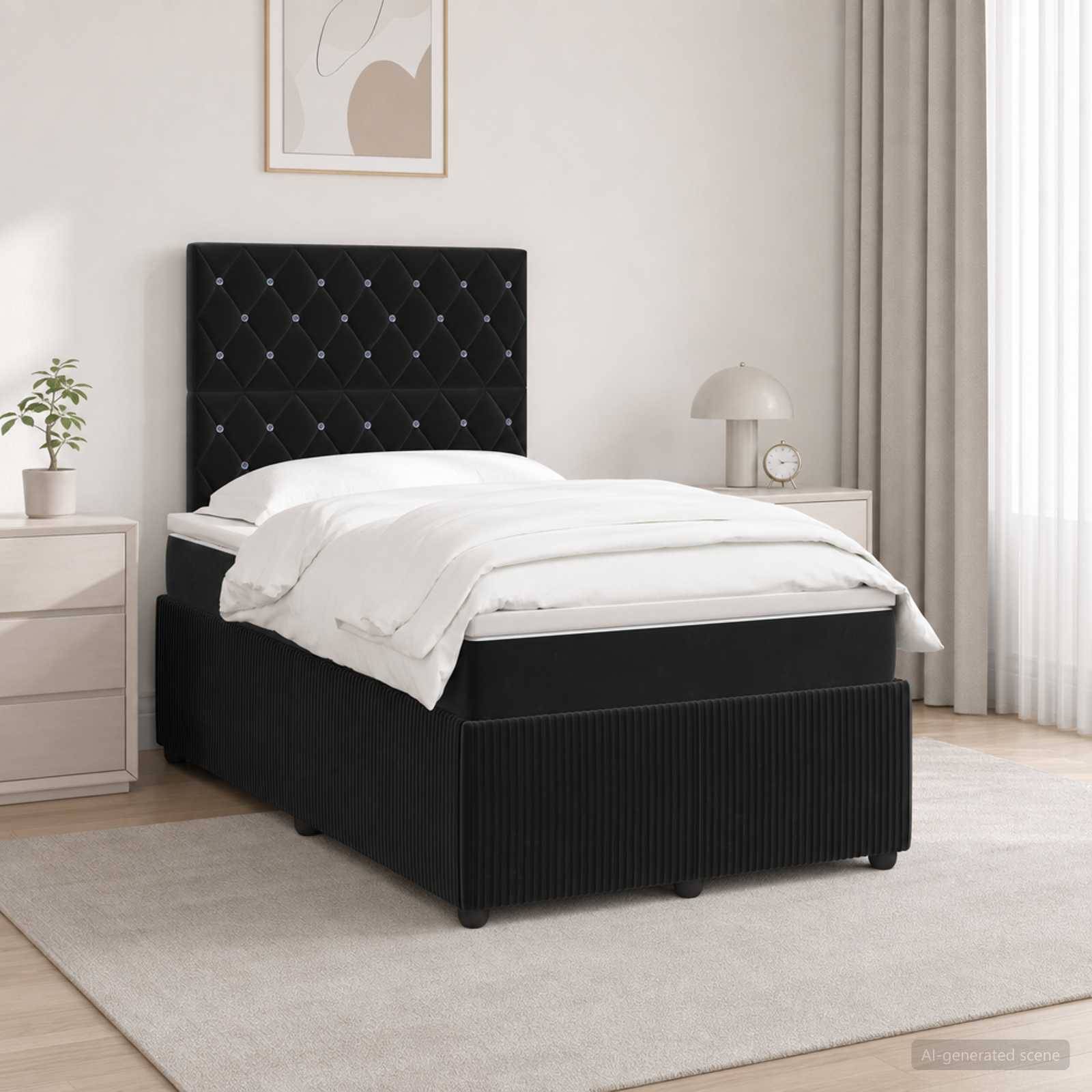 Schwarzes Polsterbett mit gestepptem Kopfteil und weißer Bettwäsche in einem hellen, minimalistischen Schlafzimmer.