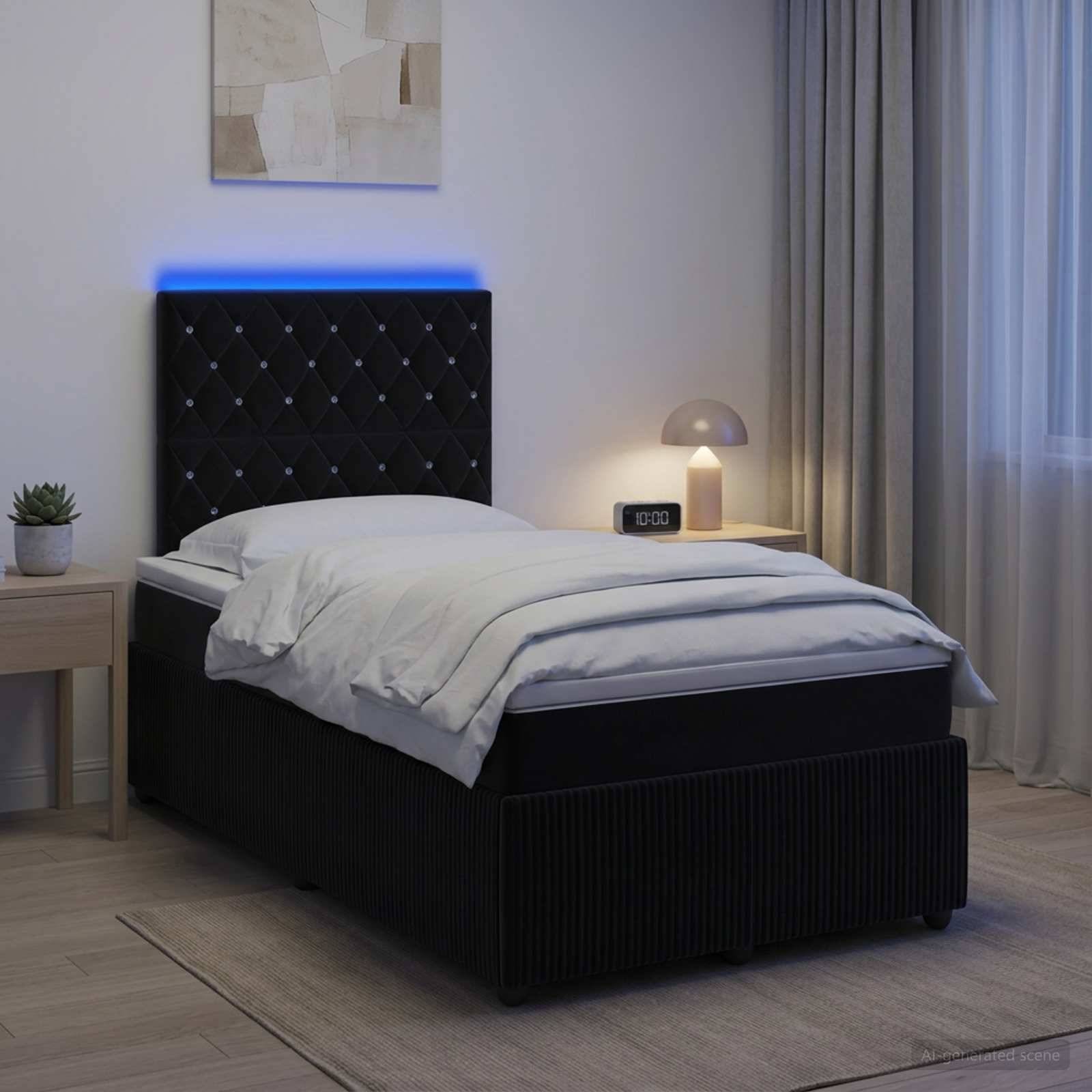 Modernes Schlafzimmer mit einem schwarz gepolsterten Bett, weißer Bettwäsche, blauer LED-Kopfleuchte, Nachttischlampe und Uhr neben einem Fenster mit Vorhängen.