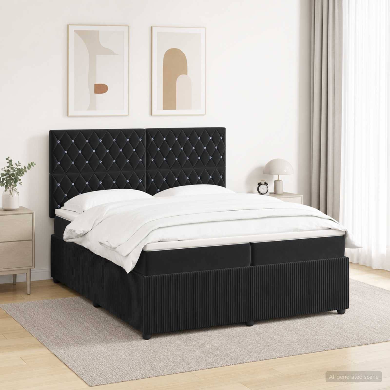 Schwarzes gepolstertes Bett mit gestepptem Kopfteil, weiße Bettwäsche und passende Nachttische in einem hellen, minimalistischen Schlafzimmer.