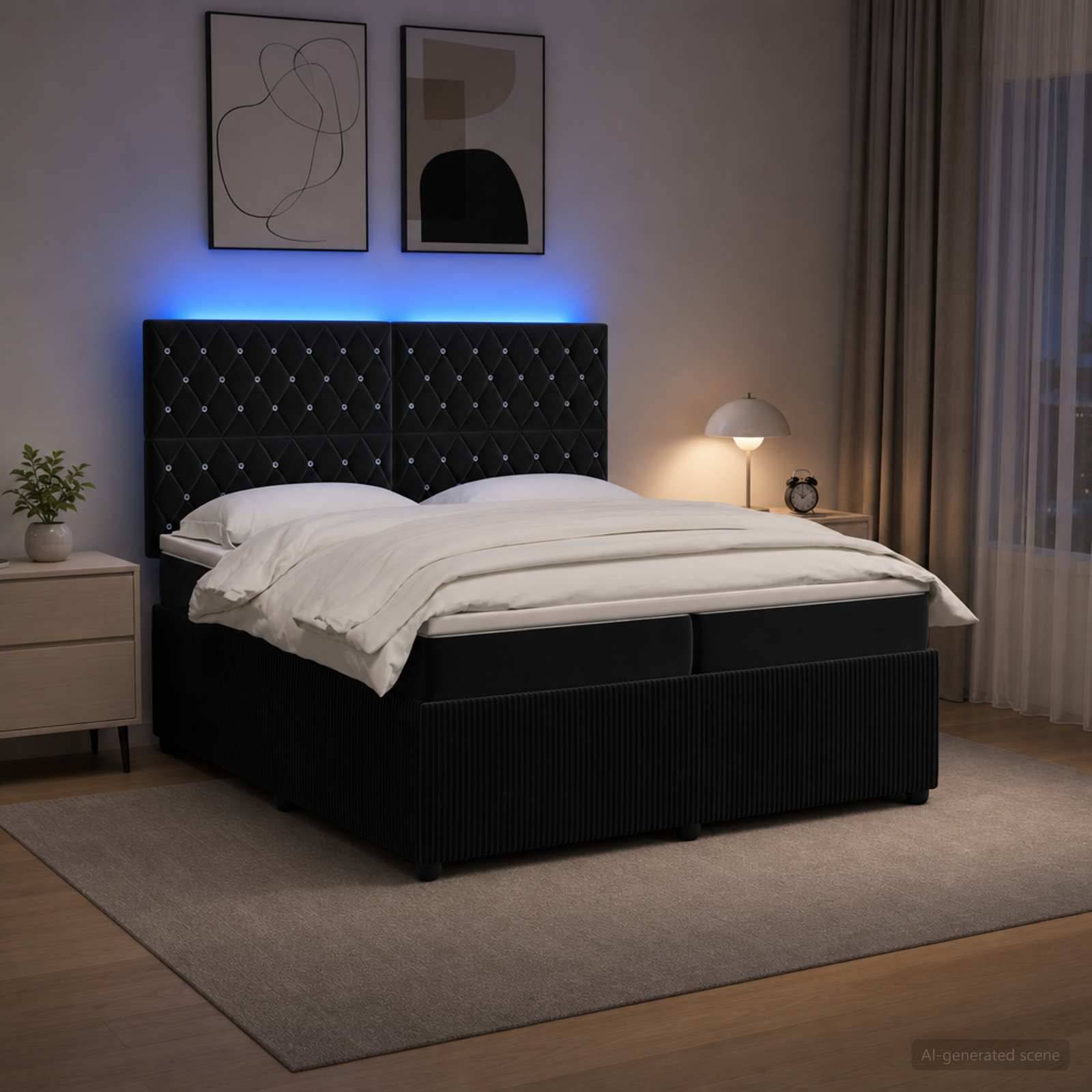 Modernes Schlafzimmer mit einem schwarzen gepolsterten Bett, weißer Bettwäsche, blauer Hintergrundbeleuchtung, Nachttischlampe, Nachttisch, Wandkunst und durchscheinenden Vorhängen.