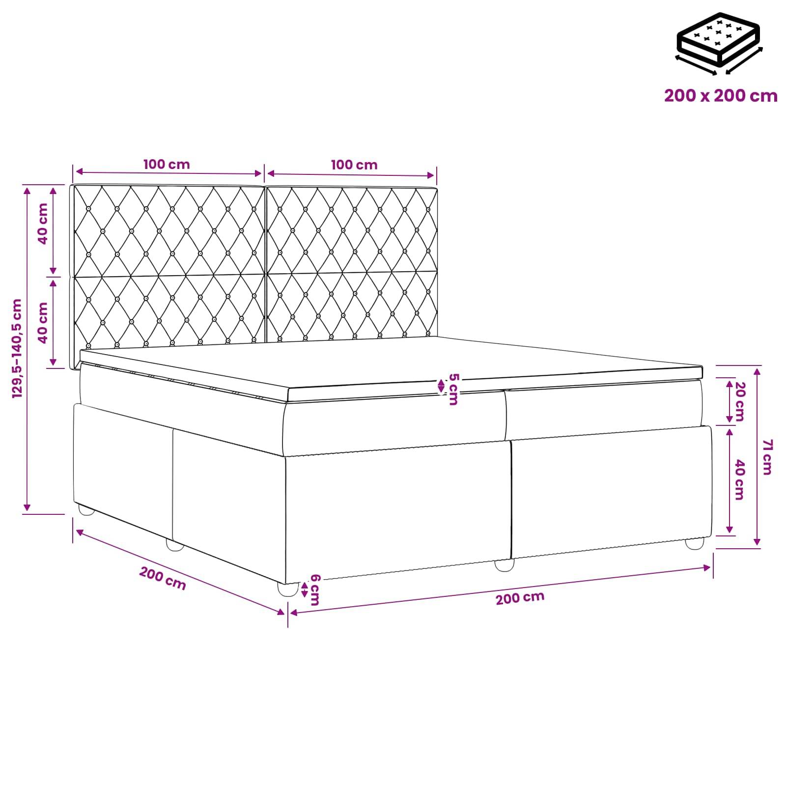 Diagramm eines 200 x 200 cm großen gepolsterten Betts mit gestepptem Kopfteil; die Abmessungen zeigen 200 cm Breite und Länge, 129,5–140,5 cm Kopfteilhöhe, 71 cm Sockelhöhe.