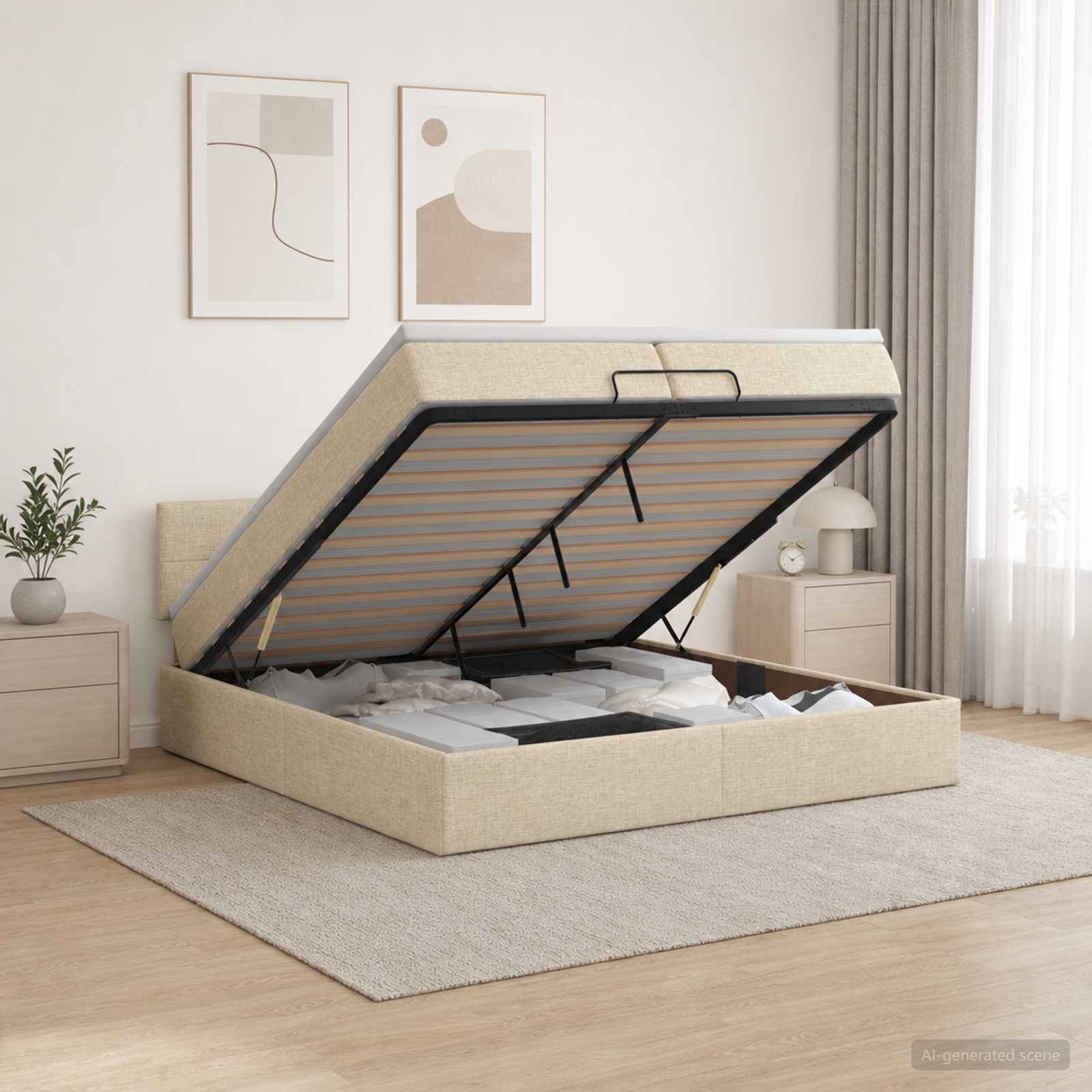 Beige gepolstertes Stahlbett mit angehobener Matratzenplattform, darunter Stauraum sichtbar und Metallstützrahmen in einem hellen, modernen Schlafzimmer.