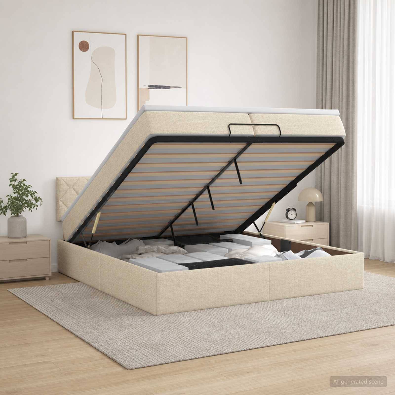 Gepolstertes Speicherbett mit erhobener Matratze, die unter dem Bett liegende Lagerfächer in einem hellen, minimalistischen Schlafzimmer zeigt.