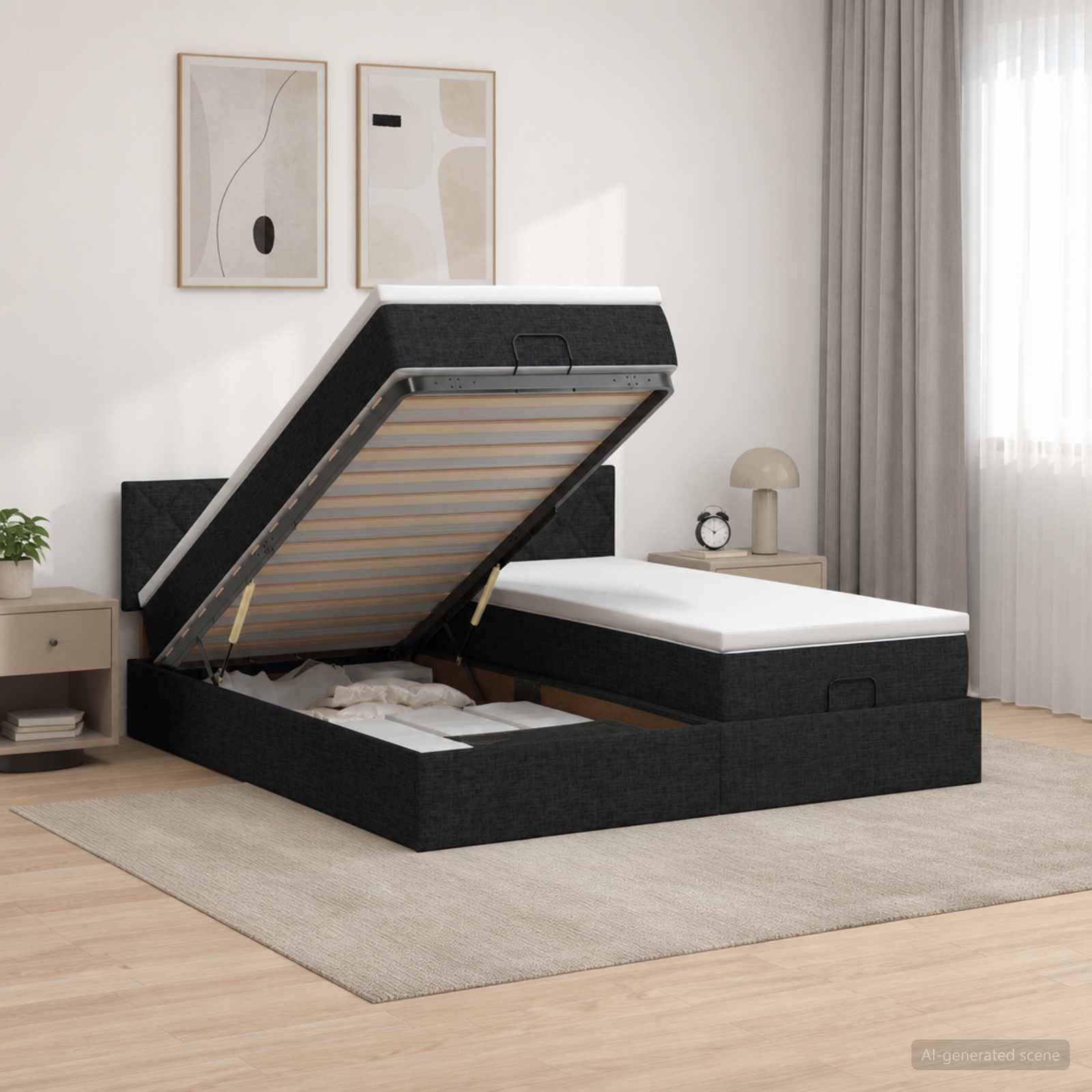 Schwarzes, gepolstertes Hebebett mit Stauraum auf gestreiftem Untergestell in einem modernen Schlafzimmer, wobei die Matratze angehoben ist und den Stauraum unter dem Bett freilegt.