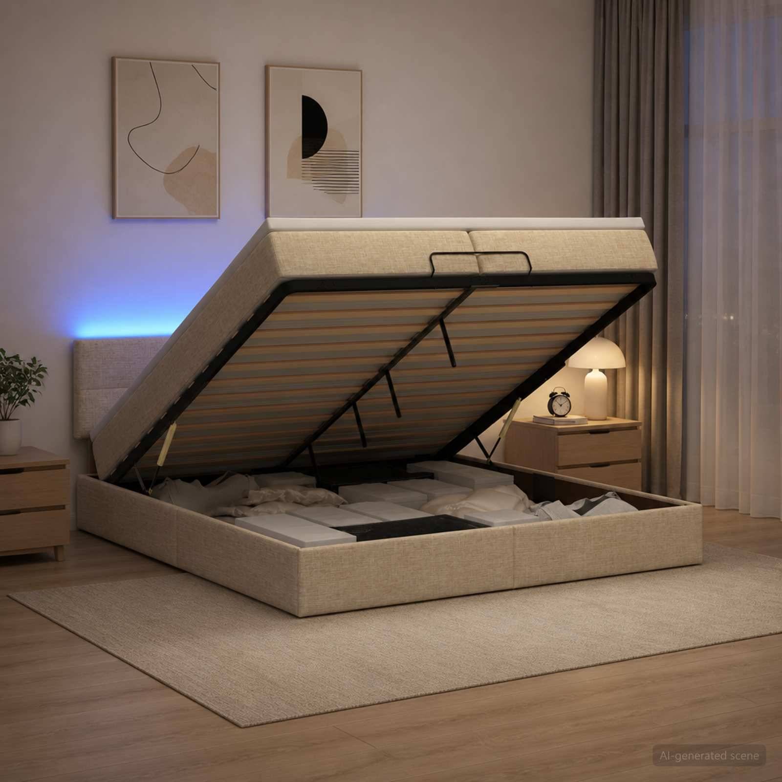 Ein beige gepolstertes Stahlbett wird aufgeklappt und enthüllt die Matratzenunterlage und den Stauraum unter dem Bett in einem modernen Schlafzimmer.
