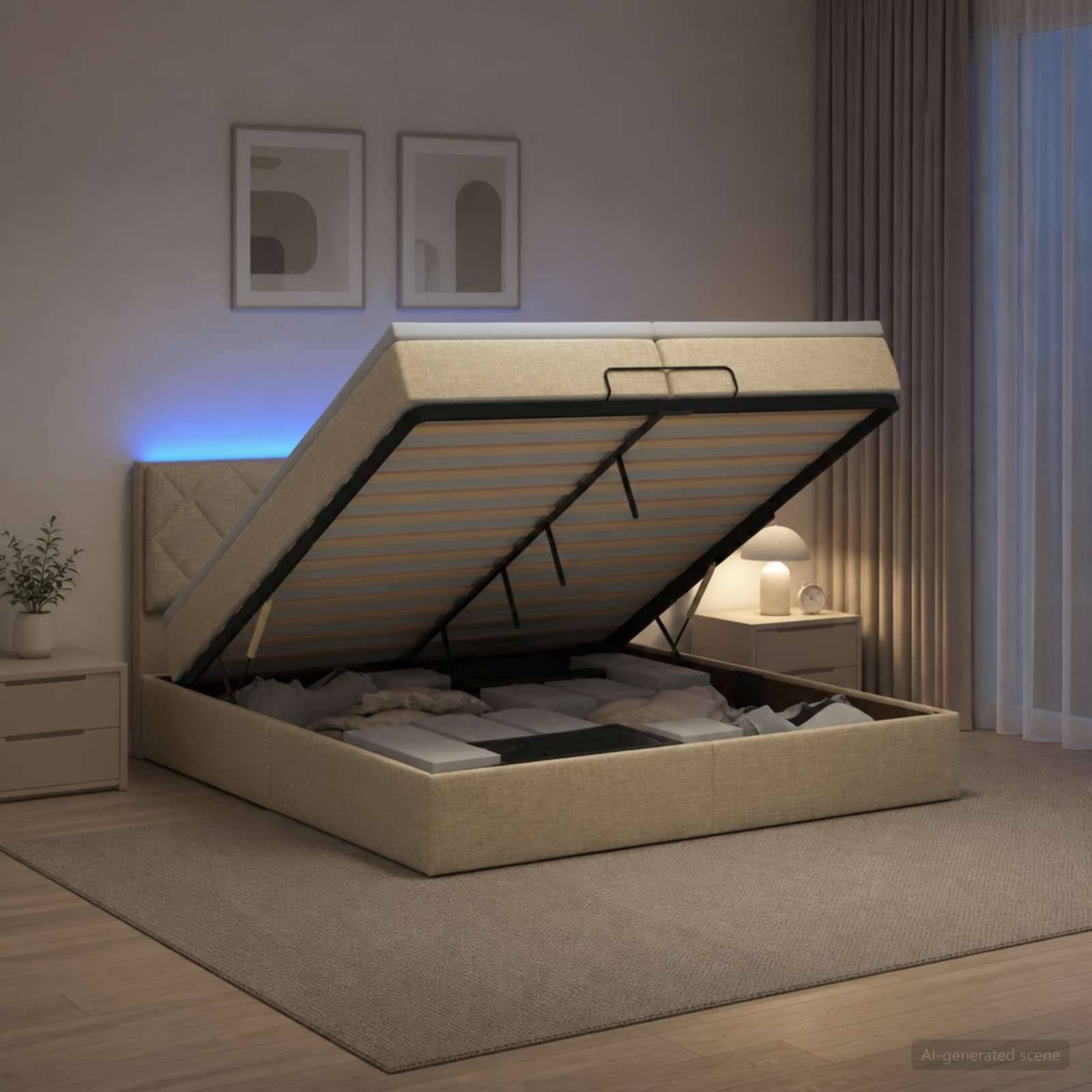 Modernes gepolstertes Bett mit Stauraum, bei dem die Matratze hochgeklappt ist, um den Stauraum unter dem Bett in einem minimalistischen Schlafzimmer freizulegen, mit Nachttischen, Lampe und Kunstwerk.