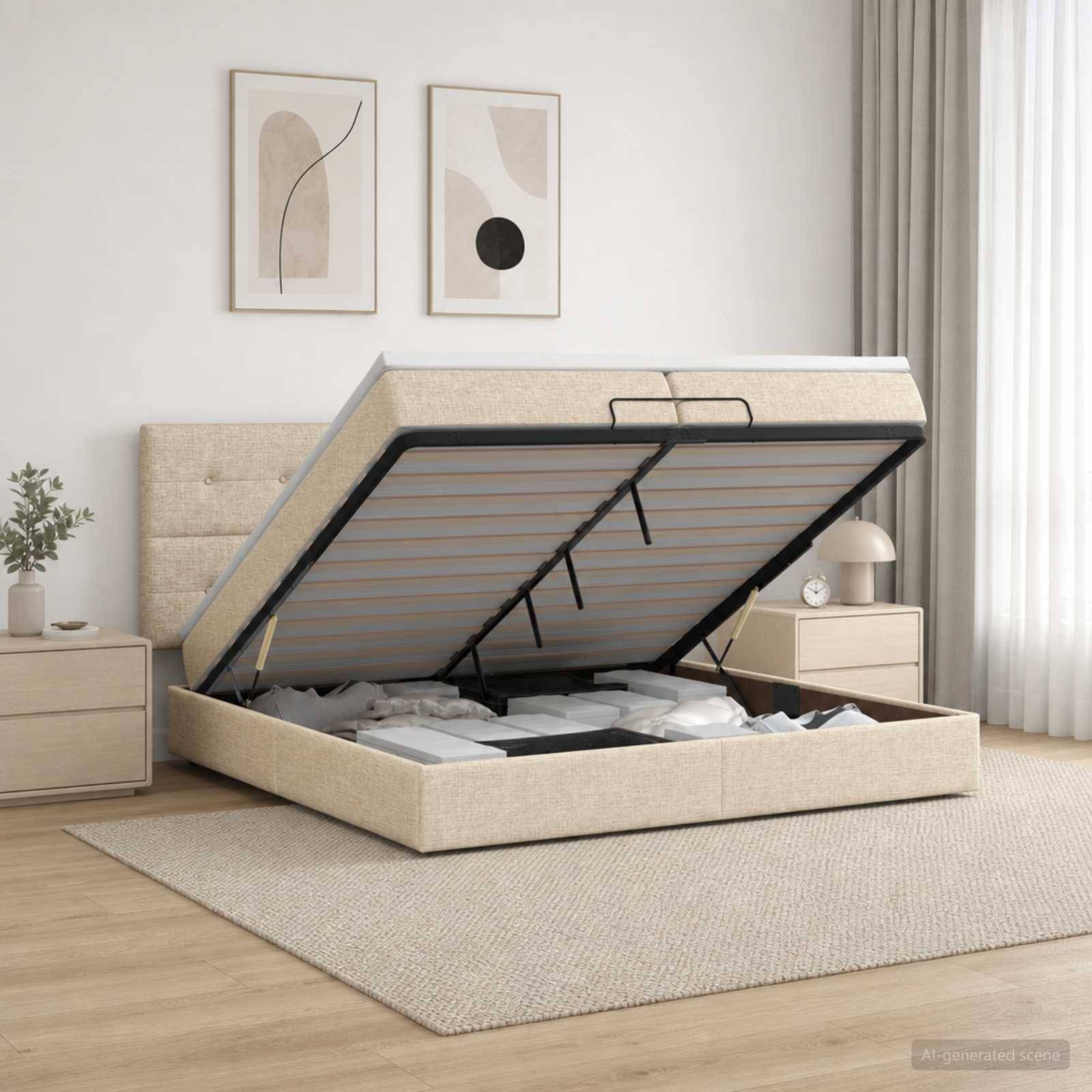 Beigefarbenes gepolstertes Bett mit Stauraum und hochklappbarer Matratzenunterlage, die geöffnet ist und den Stauraum unter dem Bett in einem hellen Schlafzimmer zeigt.
