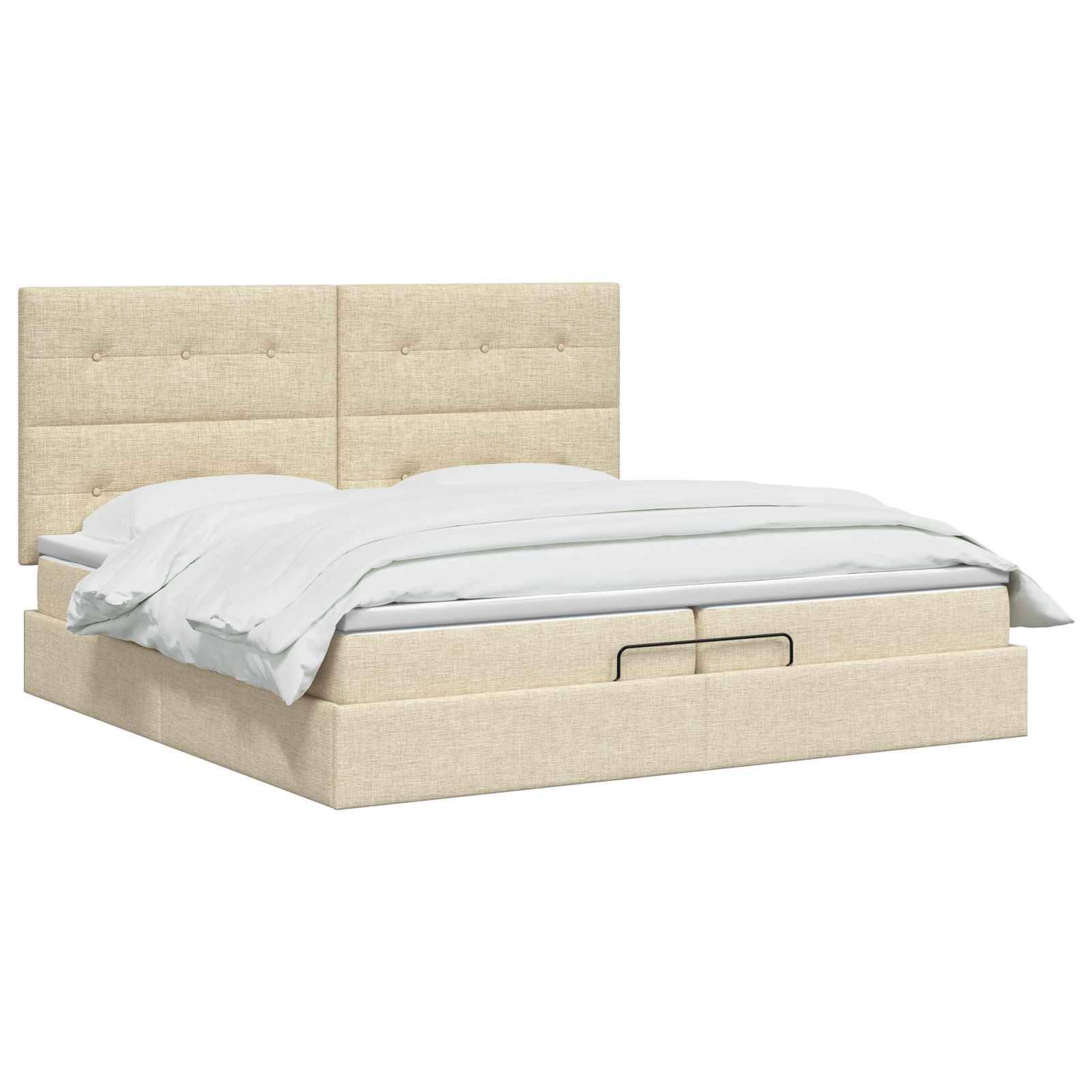Beige gepolstertes Bett mit gestepptem Kopfteil, weißer Bettwäsche und einer integrierten Schublade zum Verstauen am Fußende.