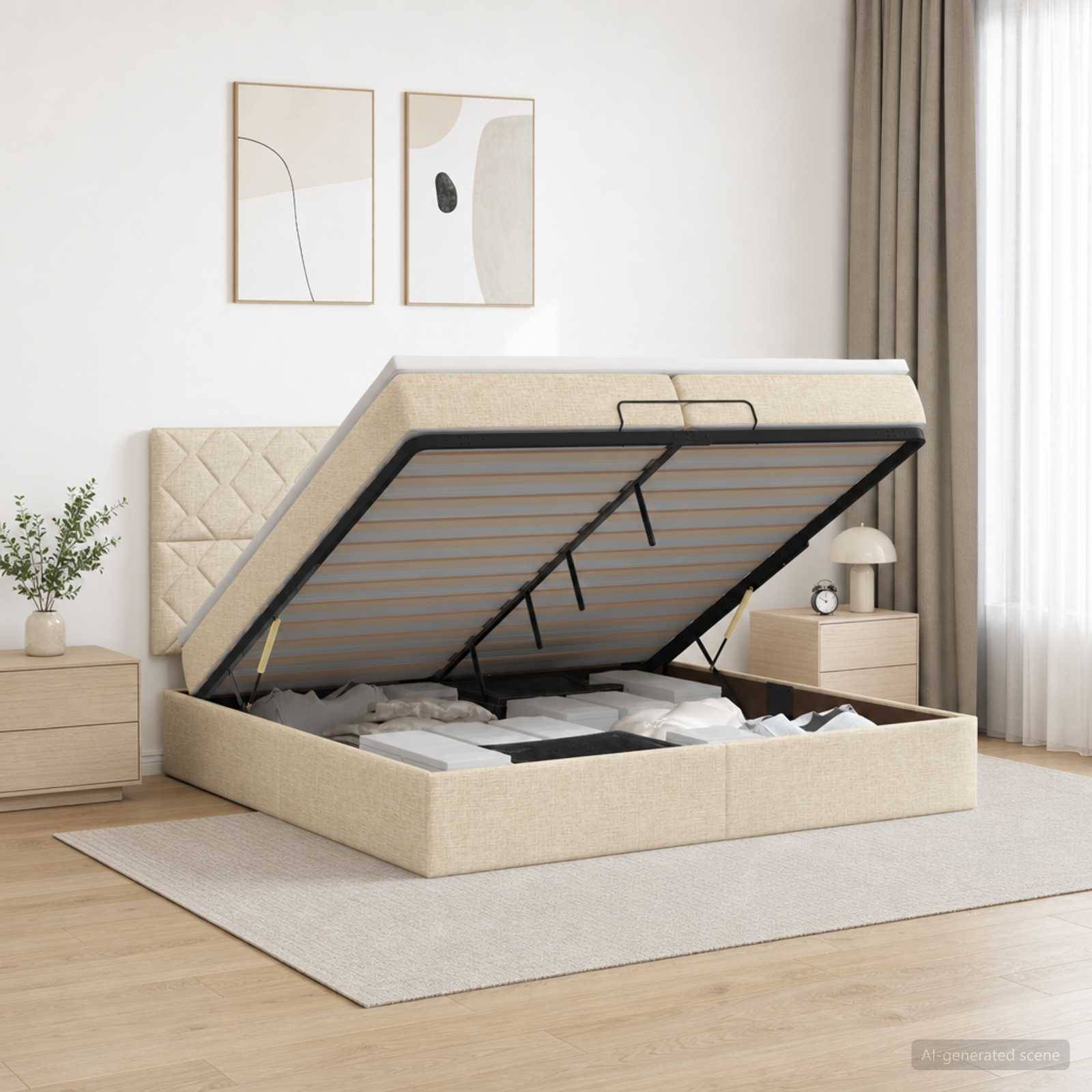 Beige gepolstertes Speicherbett mit hochklappbarer Matratze, das unter dem Bett Stauraum offenbart, in einem minimalistischen Schlafzimmer.
