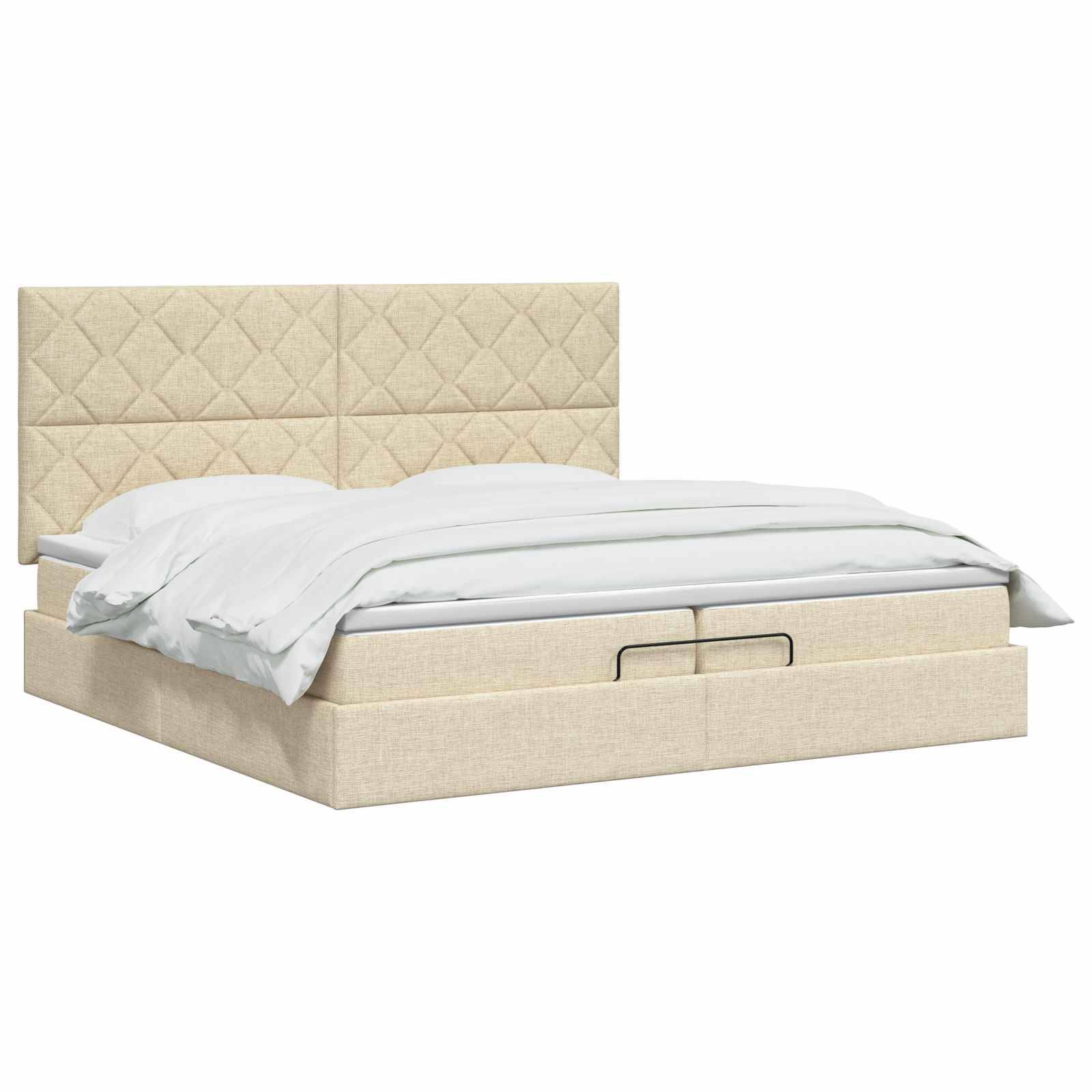 Beige gepolstertes Speicherbett mit gestepptem Kopfteil und schubladenförmiger Basis, gezeigt mit weißer Bettwäsche auf einem schlichten weißen Hintergrund.