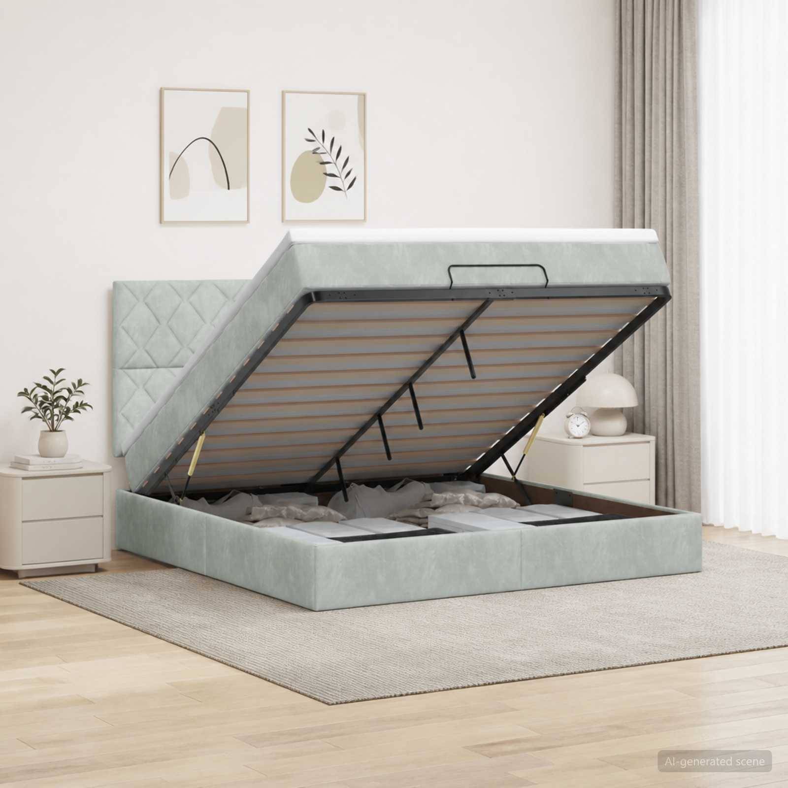 Mintgrünes, mit Stoff bezogenes Speicherbett mit angehobenem Matratze, das den Stauraum unter dem Bett in einem hellen Schlafzimmer zeigt.