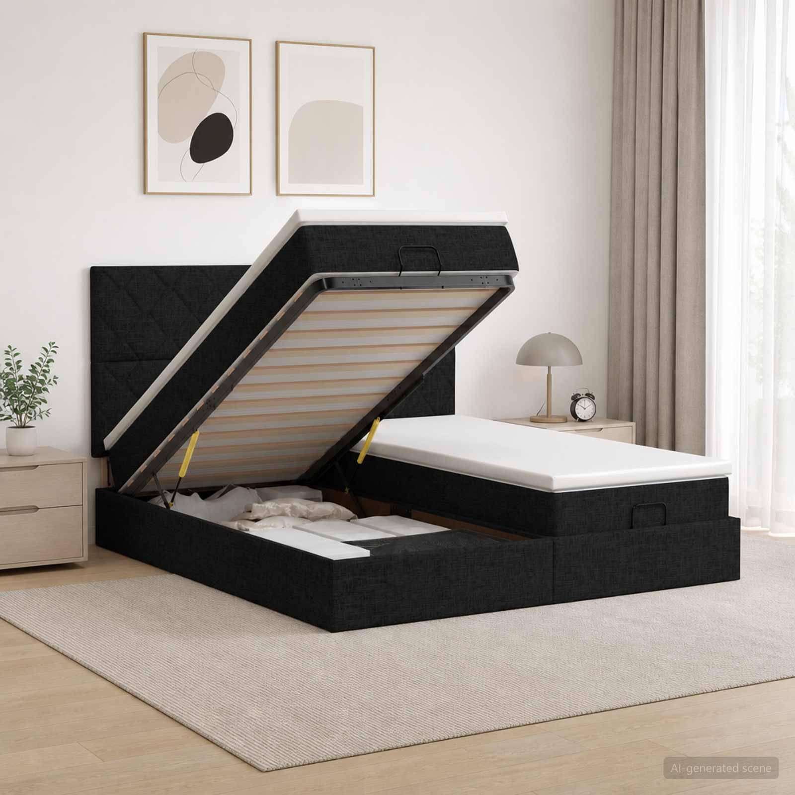 Schwarzes gepolstertes Bett mit Hubmechanismus und Stauraum, mit angehobener Matratze, um das Unter-Bett-Fach in einem minimalistischen Schlafzimmer zu zeigen.
