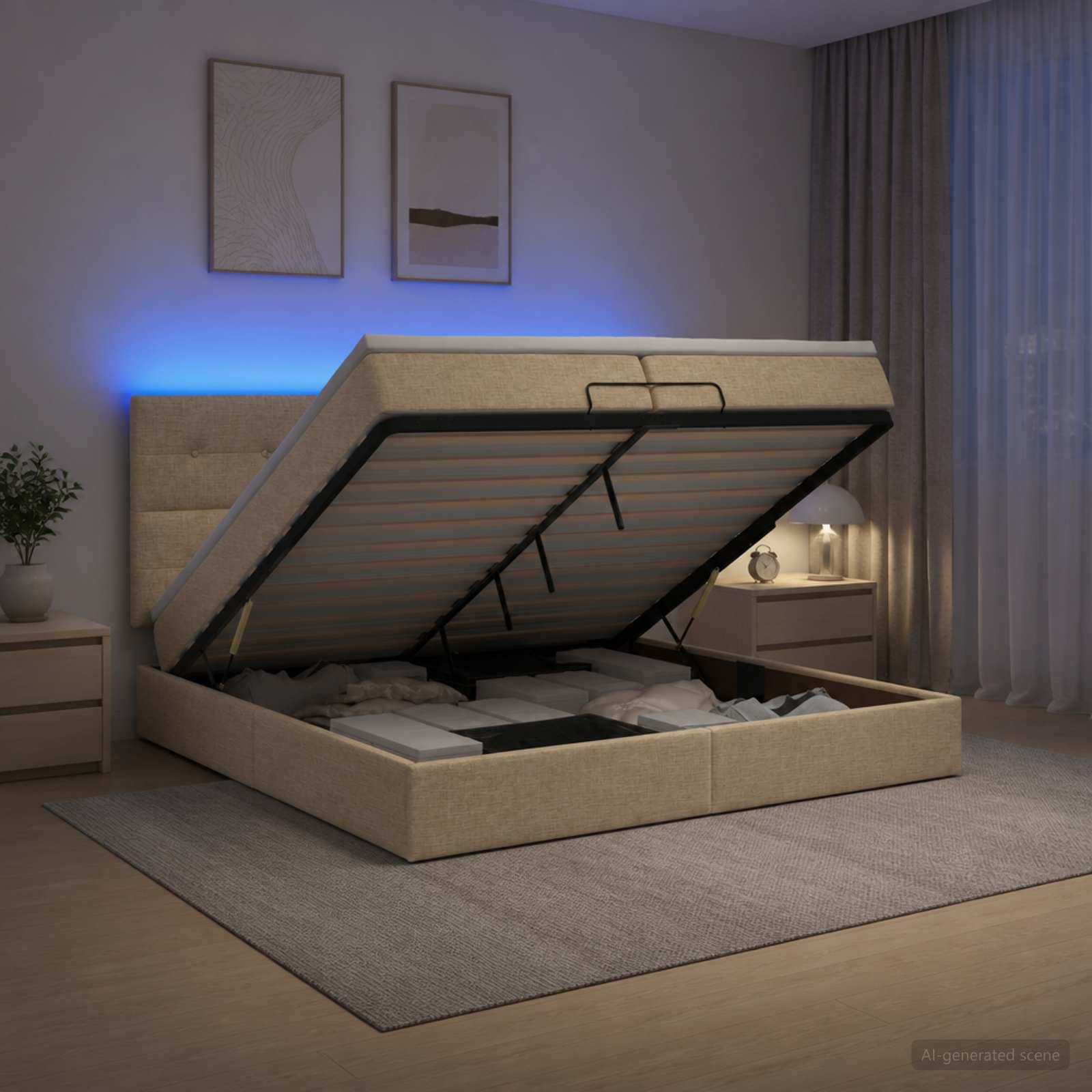 Beigefarbenes Polsterbett mit Stauraum und angehobenem Lattenrost auf einem Gasdruckfeder-Rahmen, das das Unter-Bett-Fach in einem modernen Schlafzimmer mit sanfter blauer Hintergrundbeleuchtung zeigt.