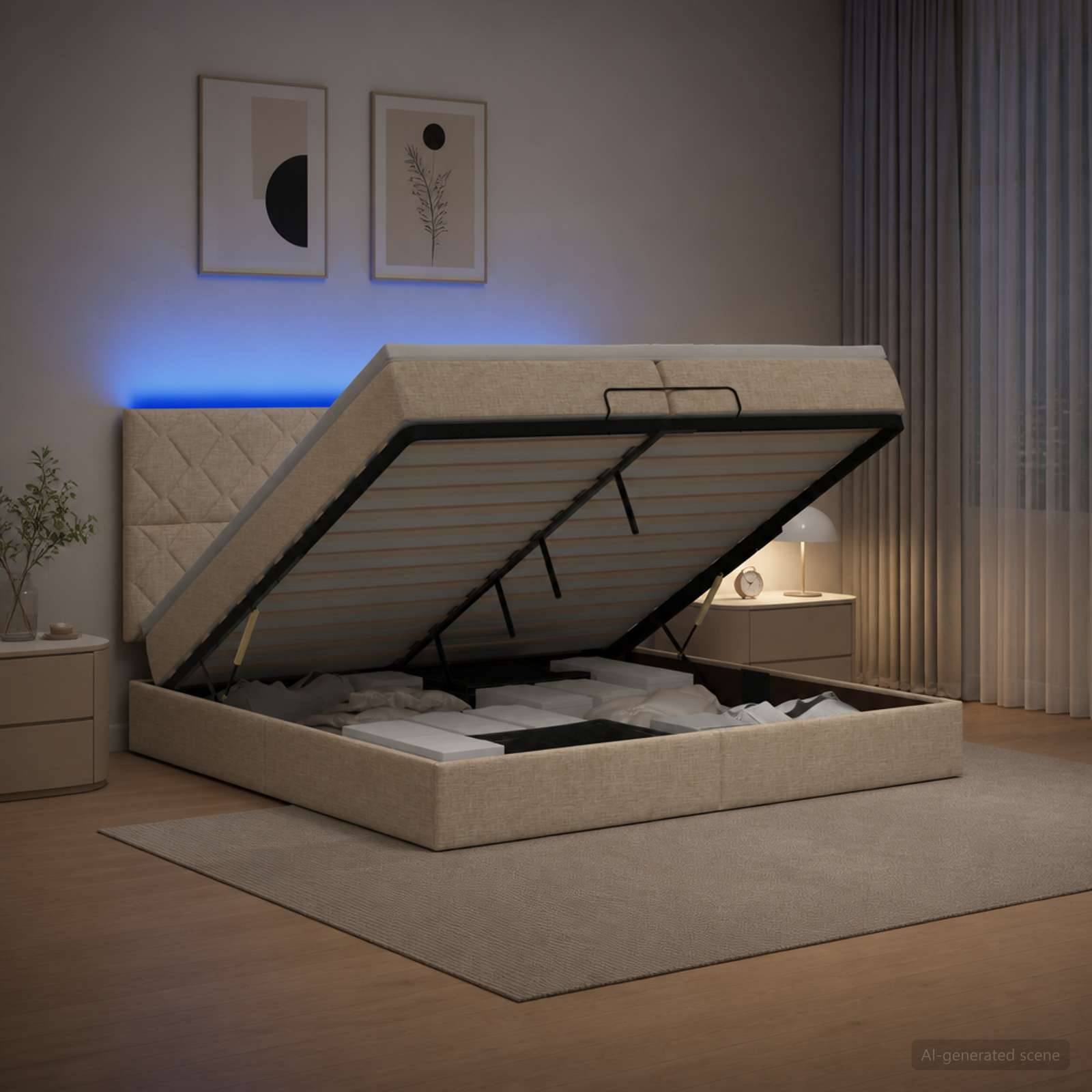Beige gepolstertes Speicherbett mit angehobener Matratze, das die Lattenroste und den Stauraum in einem modernen Schlafzimmer zeigt.