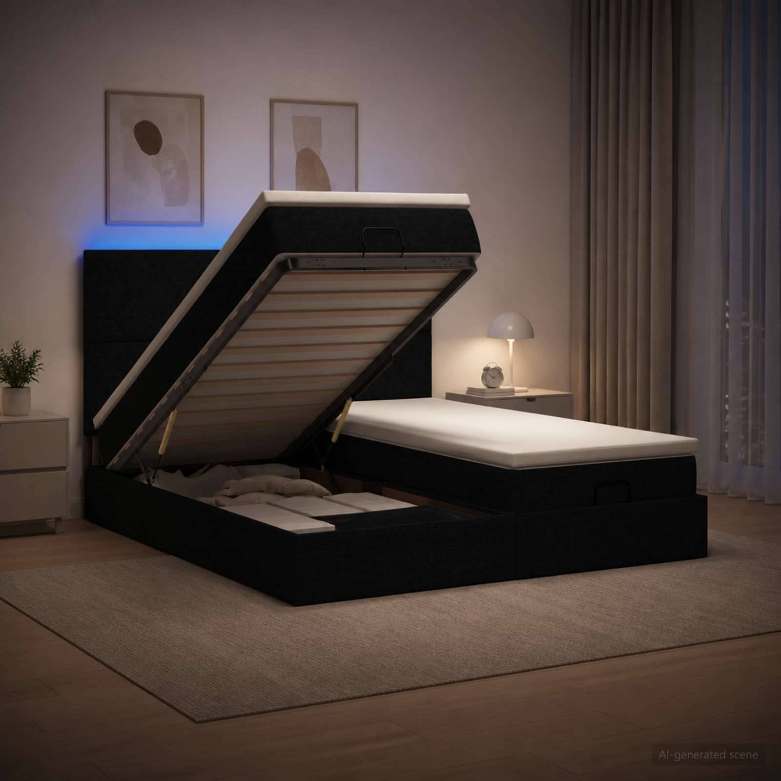Modernes Schlafzimmer mit einer verstellbaren Bettplattform, die angehoben ist und Stauraum darunter zeigt, neben einem Nachttisch und einer Lampe.