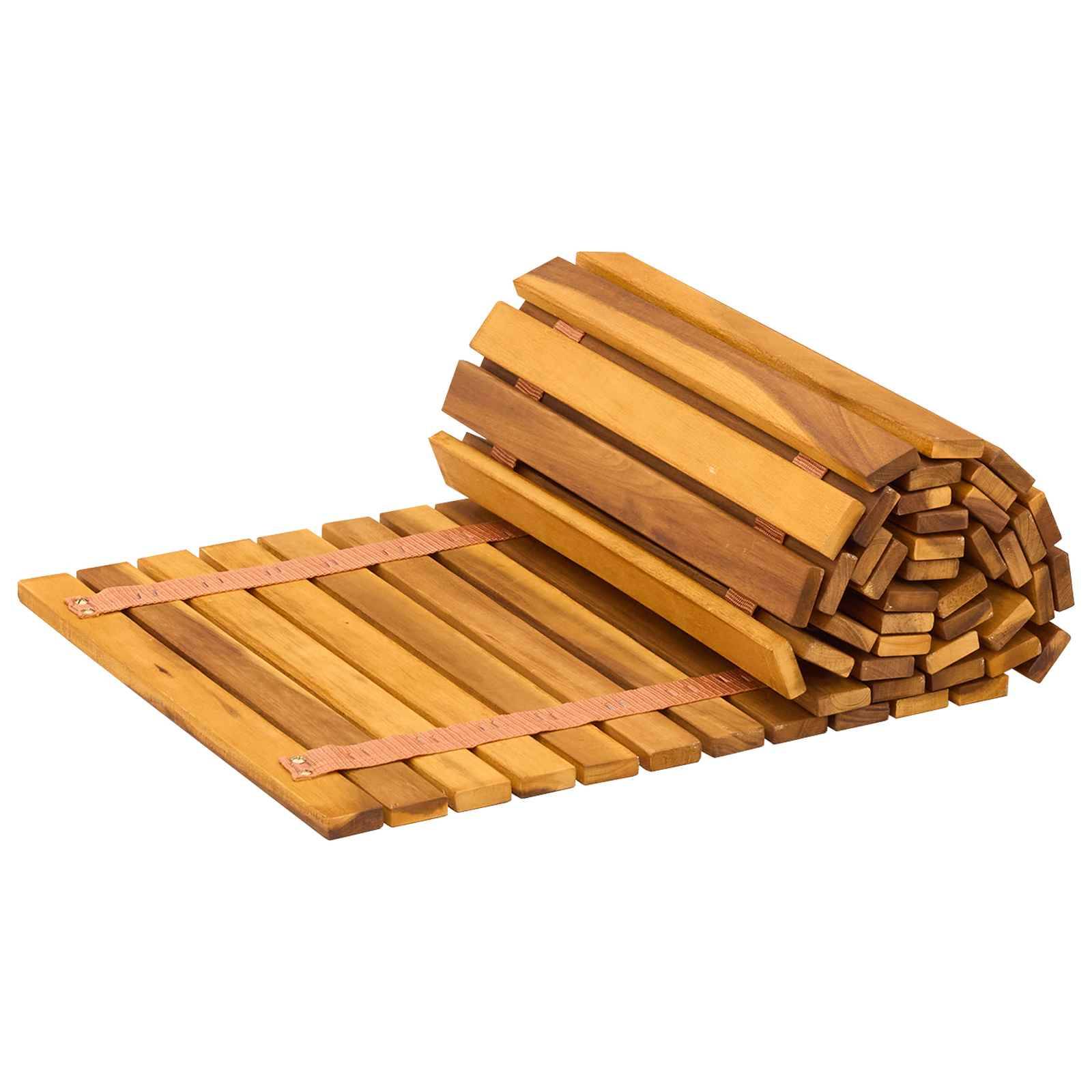 Gerollte Holzlattenmatte oder Bespannung, mit einem Ende auf weißem Hintergrund ausgerollt.