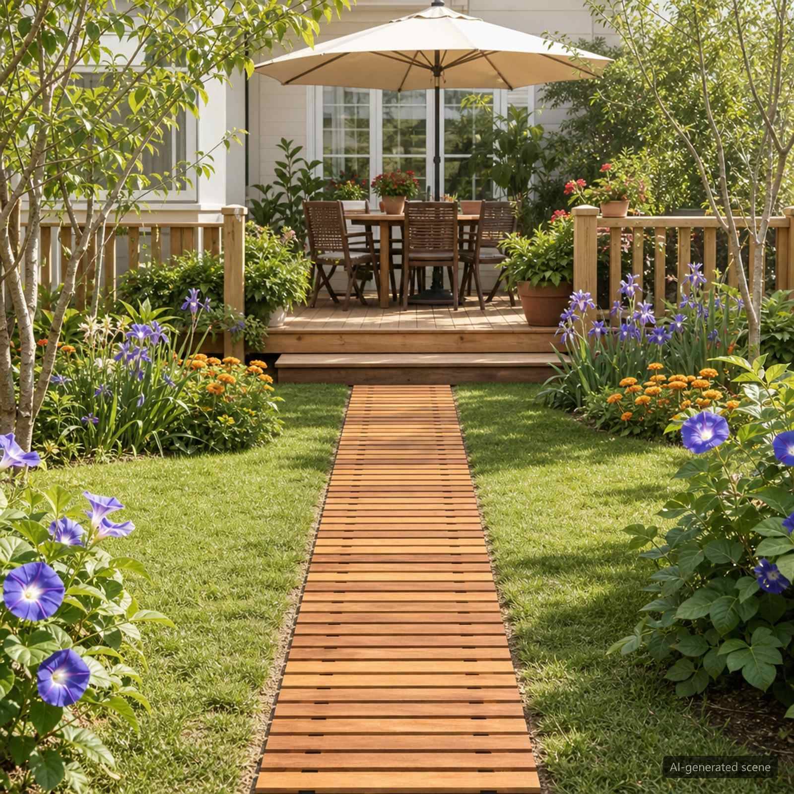 Holzgartenpfad führt zu einer Terrasse mit Esstisch und Sonnenschirm, umgeben von üppigen Blumen und Grünflächen.