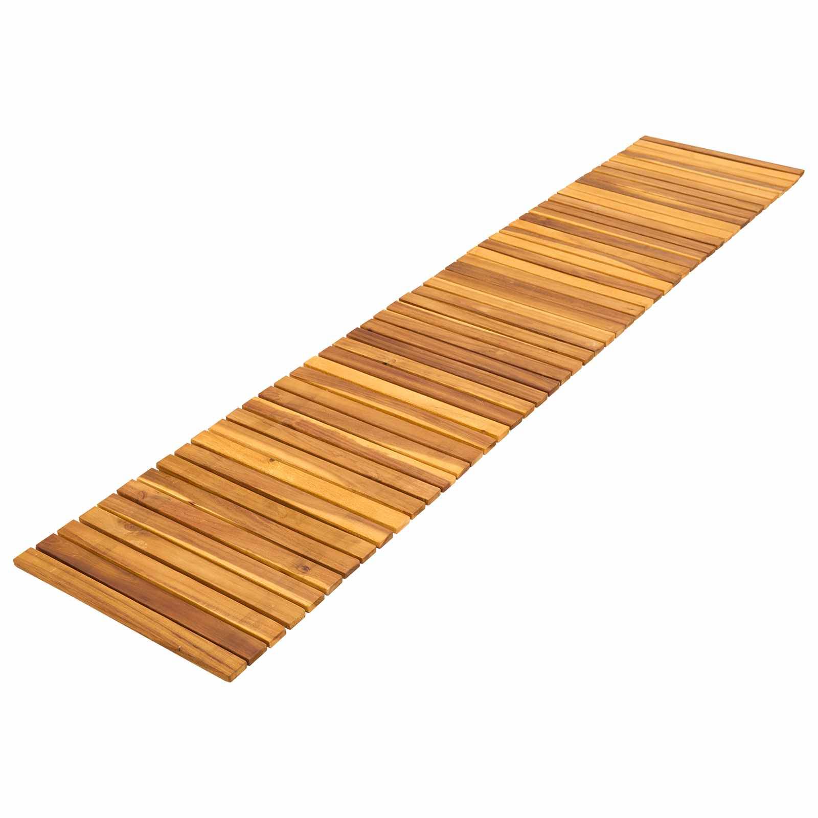 Eine lange, schmale Holzlattenmatte oder ein Gehwegabschnitt, diagonal auf weißem Hintergrund dargestellt.