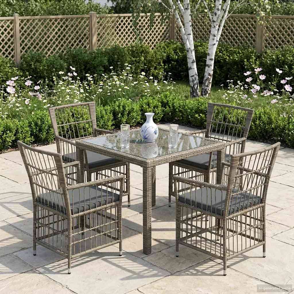 Gartenmöbel-Set für Außenterrasse mit vier Korbstühlen um einen Glastisch herum, auf einer Steinterrasse in einem Garten aufgestellt.
