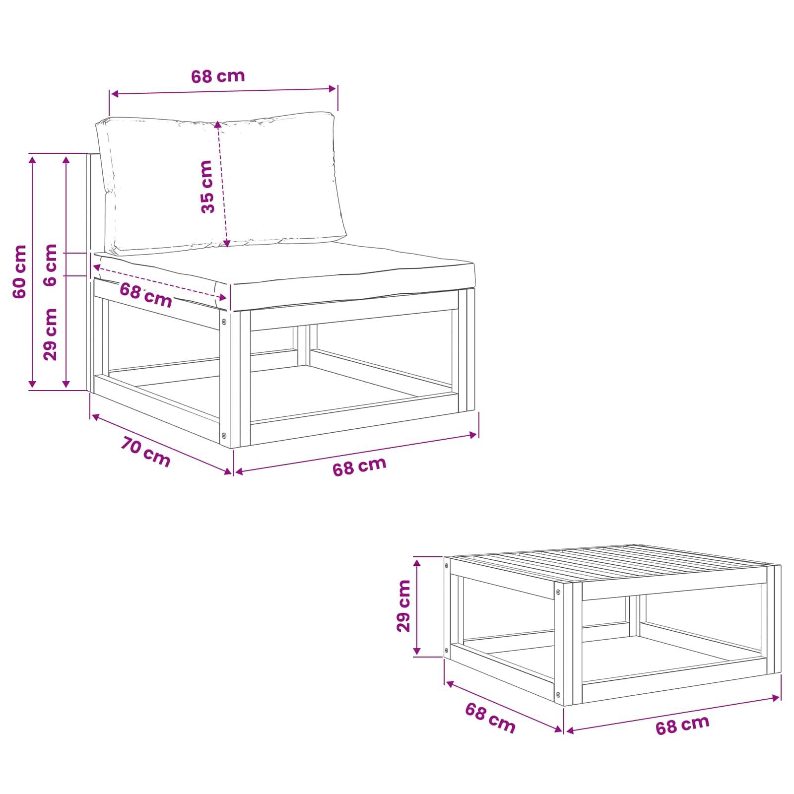 Maßstabgetreue Illustration eines Holzstuhls mit Kissen und passendem Hocker; Stuhl ist 70 cm tief, 68 cm breit, 60 cm hoch, Hocker 68 mal 68 cm und 29 cm hoch.