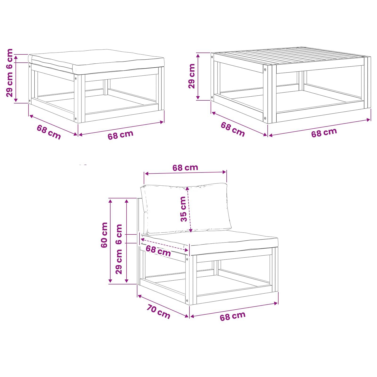 Bemaßte Strichzeichnungen eines modularen Outdoor-Stuhls/Tisches mit Sitzfläche und passendem Kissen, die eine quadratische Grundfläche von 68 cm, eine Höhe von 29 cm und eine Kissengröße von 68 x 35 cm zeigen.