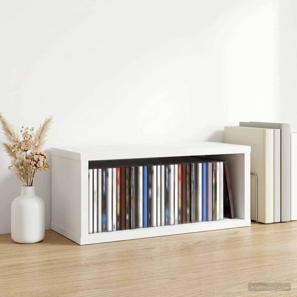 Weißes, würfelförmiges Vinyl-Schallplattenetagere im White-Cube-Stil auf einem Holzboden, gefüllt mit Schallplatten, neben gestapelten Büchern und einer Vase mit Trockenblumen vor einer schlichten Wand.