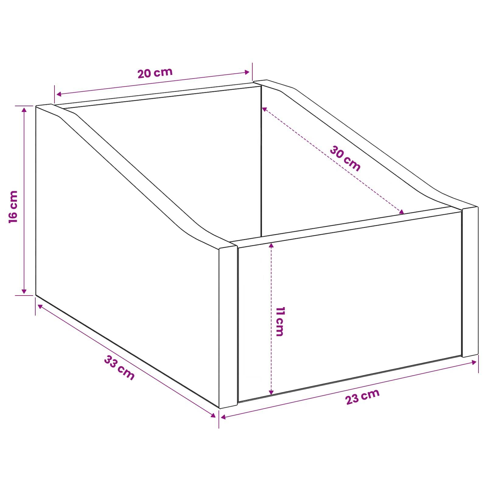 Dimensioniertes Diagramm eines offenen Behälters in trapezoidaler Form mit beschrifteten Seiten: 20 cm Oberseite, 30 cm schräge Seite, 23 cm vordere Basis, 33 cm linke Basis, 16 cm Höhe, 11 cm vordere Höhe.