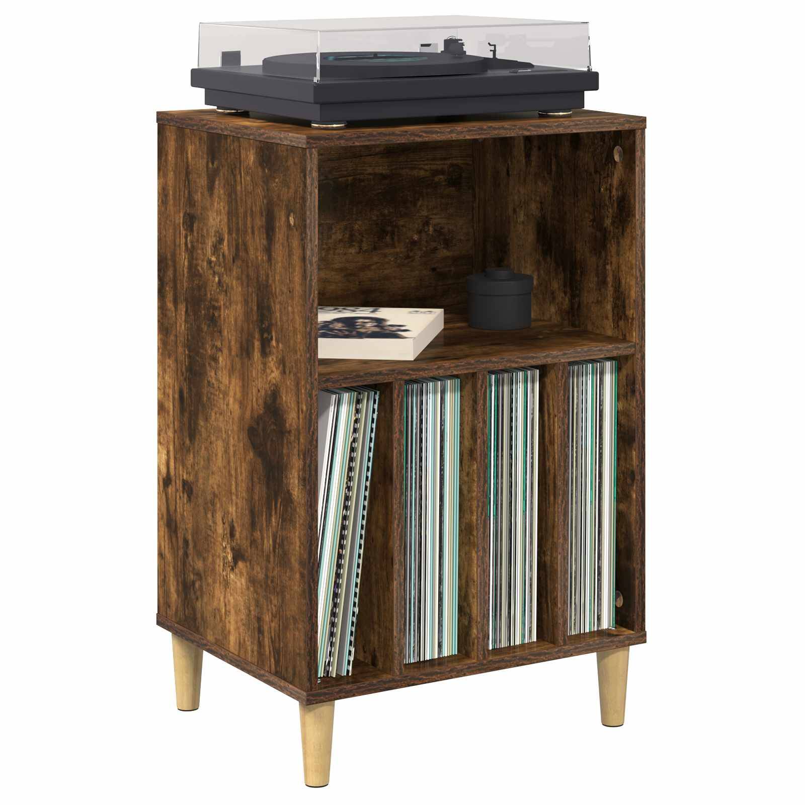 Holzschallplattenschrank mit Plattenspieler oben, offenes Regal und vertikale Vinyllagerfächer, auf hellen Beinen erhöht.