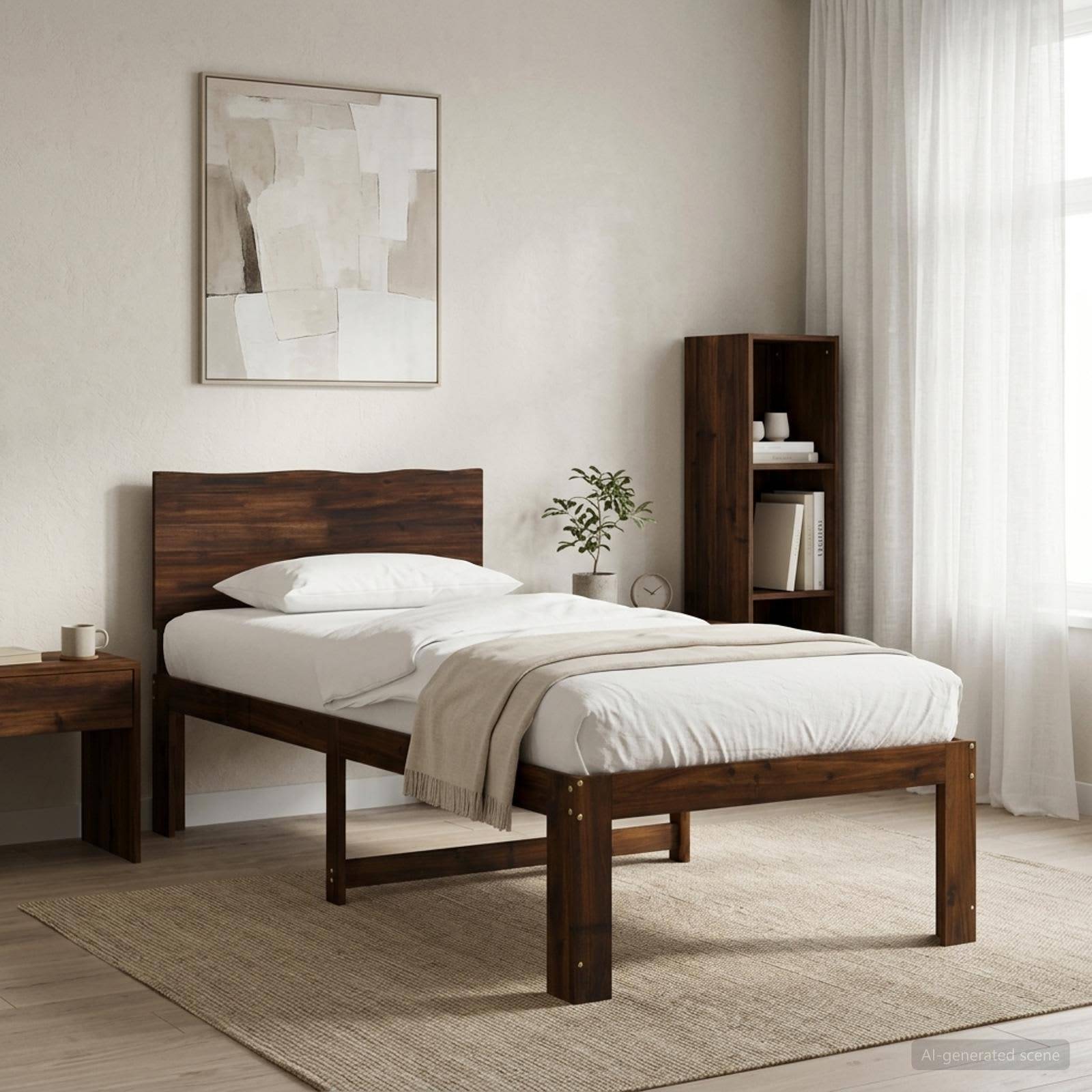 Minimalistisches Schlafzimmer mit einem dunklen Holzbett, weißer Bettwäsche, Nachttisch, Bücherregal, abstrakter Wandkunst und transparenten Vorhängen in weichem Naturlicht.