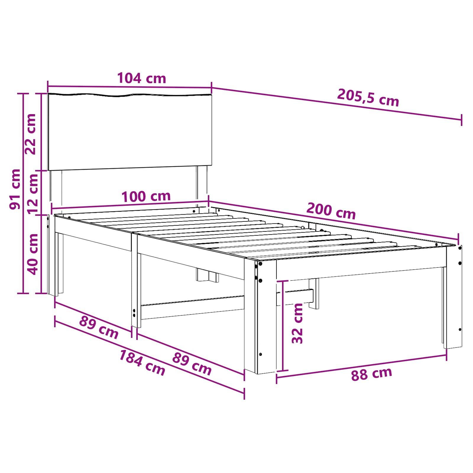 Maßstabgetreue Zeichnung eines Einzelbettgestells mit Kopfteil, die Gesamtabmessungen in cm zeigt: 205,5 cm lang, 104 cm breit, 91 cm hoch, und Matratzenbereich 100 mal 200 cm.