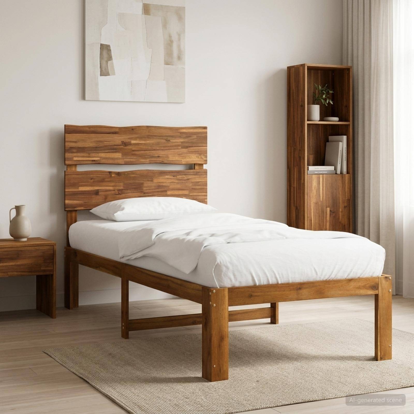 Minimalistisches Schlafzimmer mit einem Holzbett, weißer Bettwäsche, Nachttisch, hohem Schrank und abstrakter Wandkunst in einem hellen Zimmer.