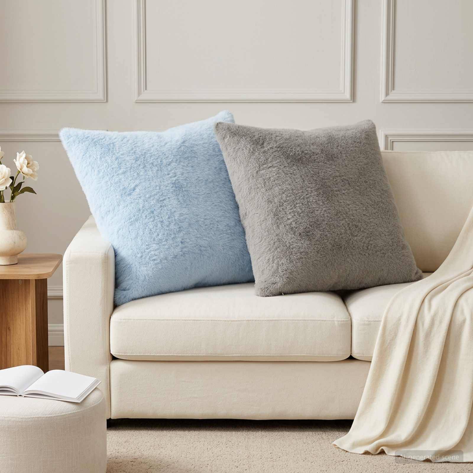 Cremefarbenes Sofa mit hellblauen und grauen Kissen und einer drapierten Decke in einem weich eingerichteten Wohnzimmer.