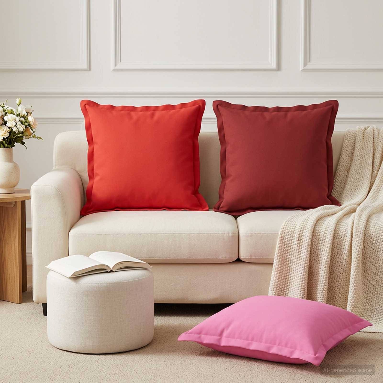 Wohnzimmersof mit zwei roten Kissen, einer beigen Decke, rundem Pouf mit aufgeschlagenem Buch und einem rosa Bodenkissen.