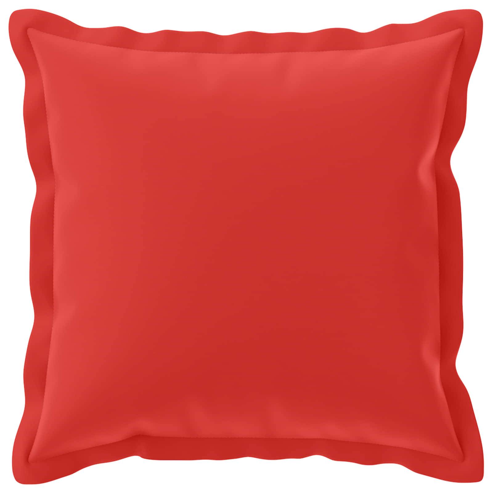 Rotes, quadratisches Kissen in Vorderansicht auf weißem Hintergrund gezeigt.