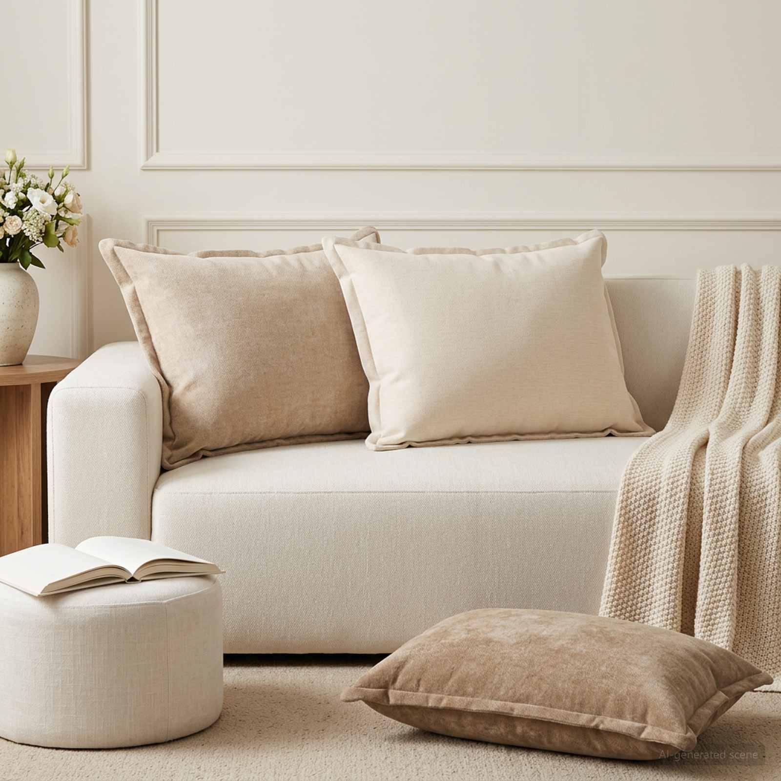Beige-farbiges Sofa mit zwei Kissen und einer drapierten Wurfdecke in einem ruhigen Wohnzimmer, mit einem aufgeschlagenen Buch auf einem runden Hocker und einem Kissen auf dem Boden.