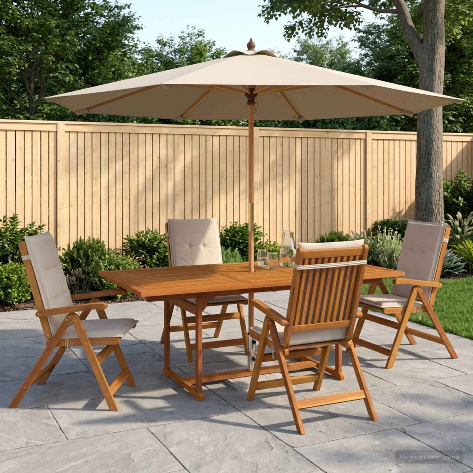 Esszimmergarnitur für Terrassen mit Holztisch und vier gepolsterten Stühlen unter einem großen beigen Sonnenschirm auf einer Steinterrasse neben einem Zaun und Bäumen.