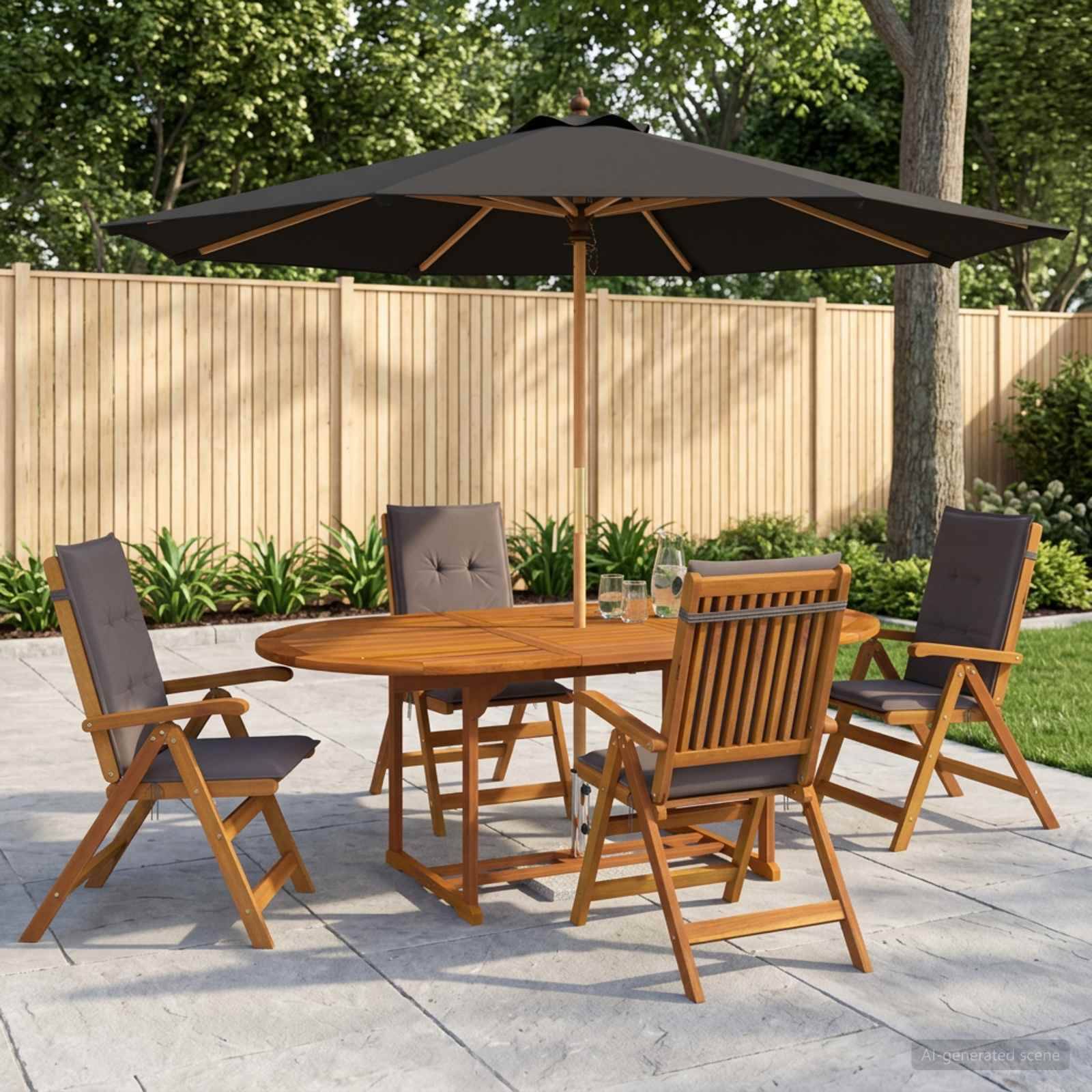 Esszimmer-Set für die Terrasse mit rundem Holztisch, vier gepolsterten Stühlen und großem Schirm auf einer Steinterrasse im gestalteten Garten.