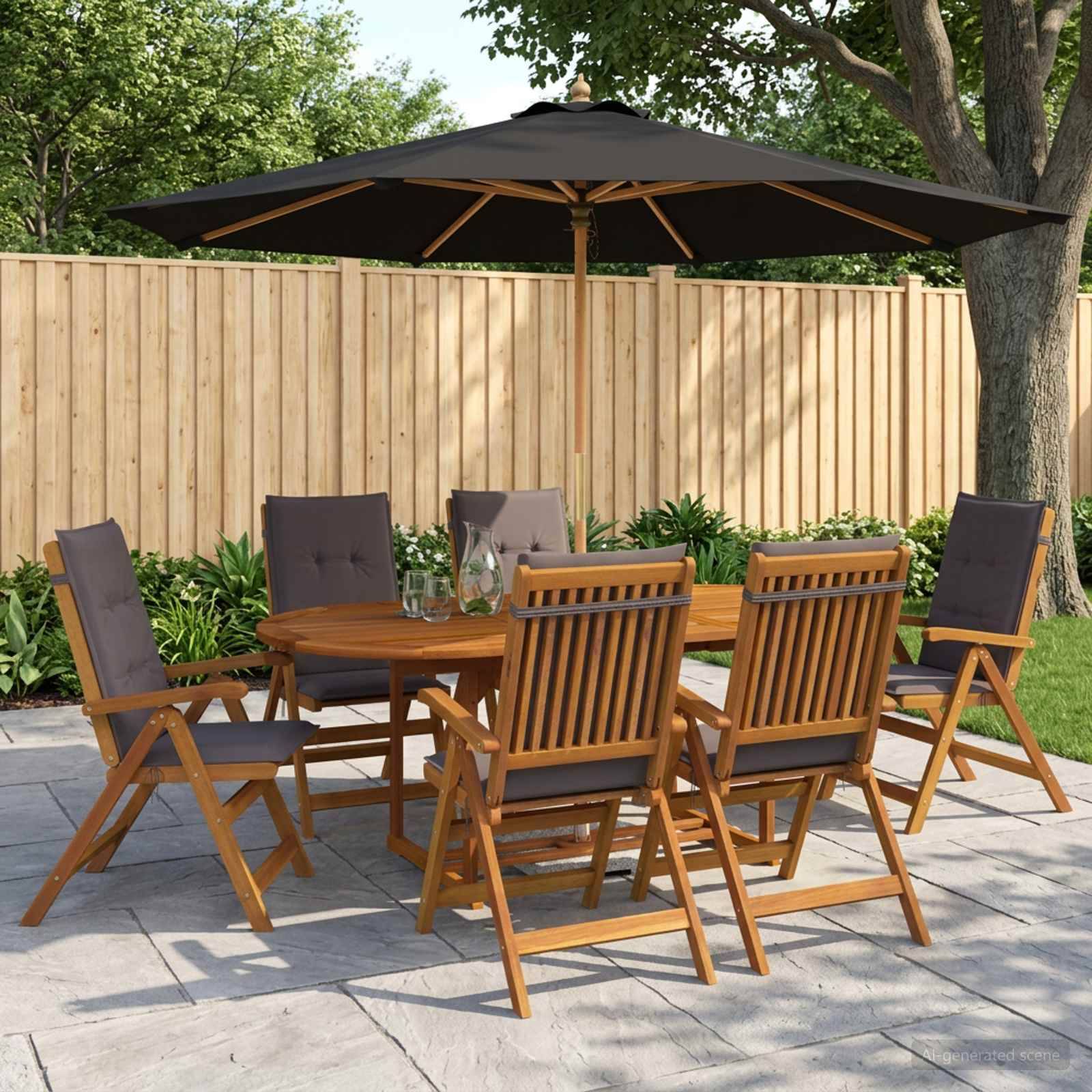 Esszimmer-Garnitur für die Terrasse mit Holztisch und sechs Klappstuehlen unter einem großen schwarzen Schirm in einem eingezäunten Hinterhof.