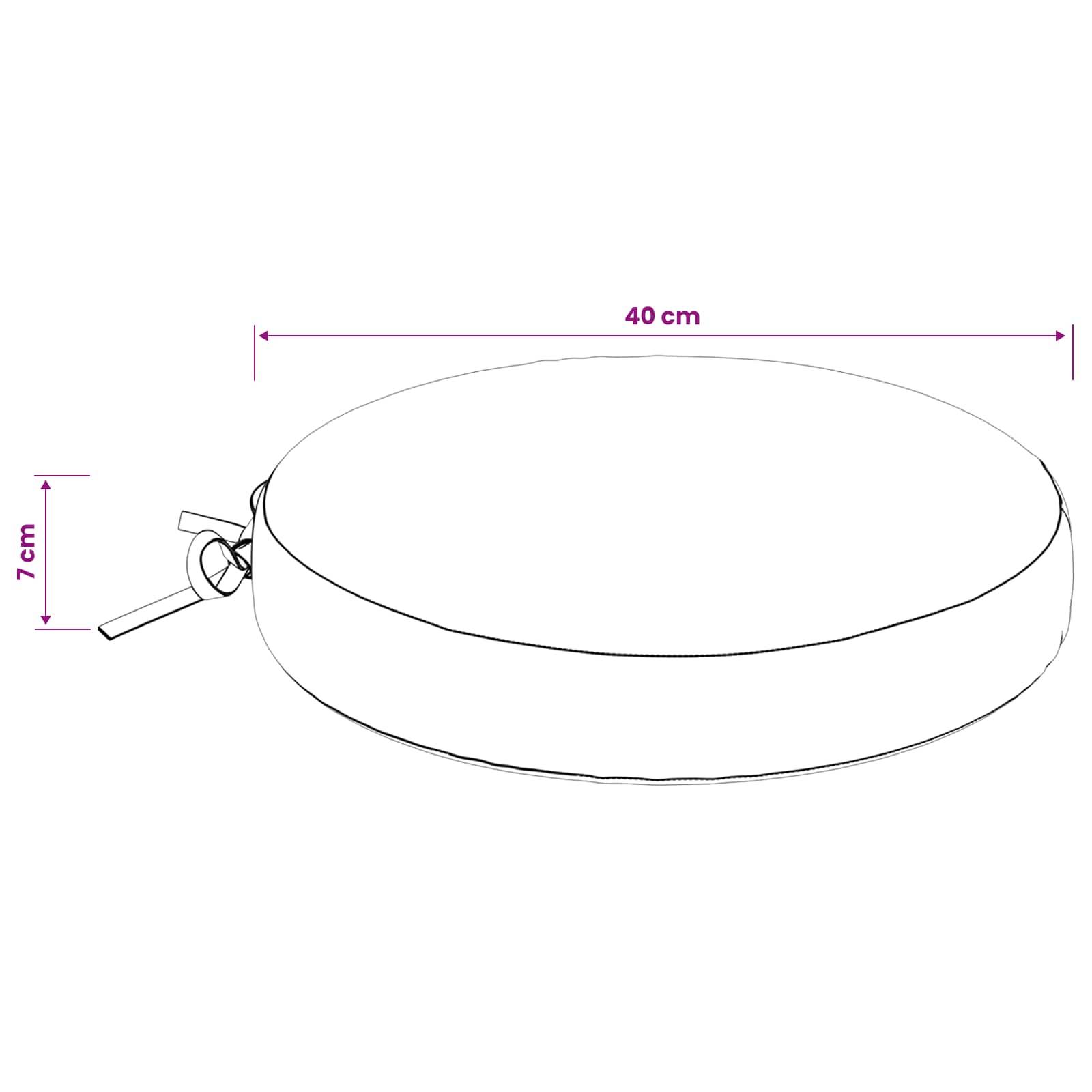 Diagramm eines runden Kissens oder Kissenbezugs mit den Maßen: 40 cm breit und 7 cm hoch, mit einem Seitennreißverschluss oder Bindungsdetail.