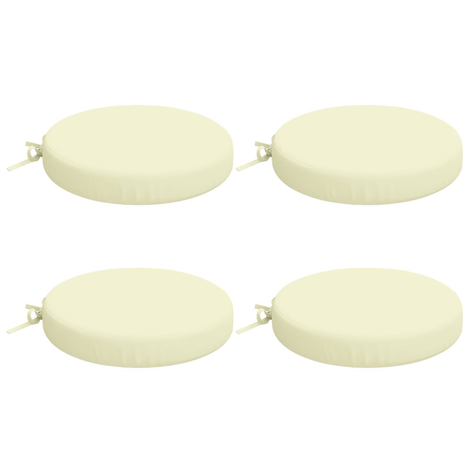 Vier runde creme-farbene Sitzkissen mit Seitenbändern, angeordnet in einem 2x2-Raster auf weißem Hintergrund.