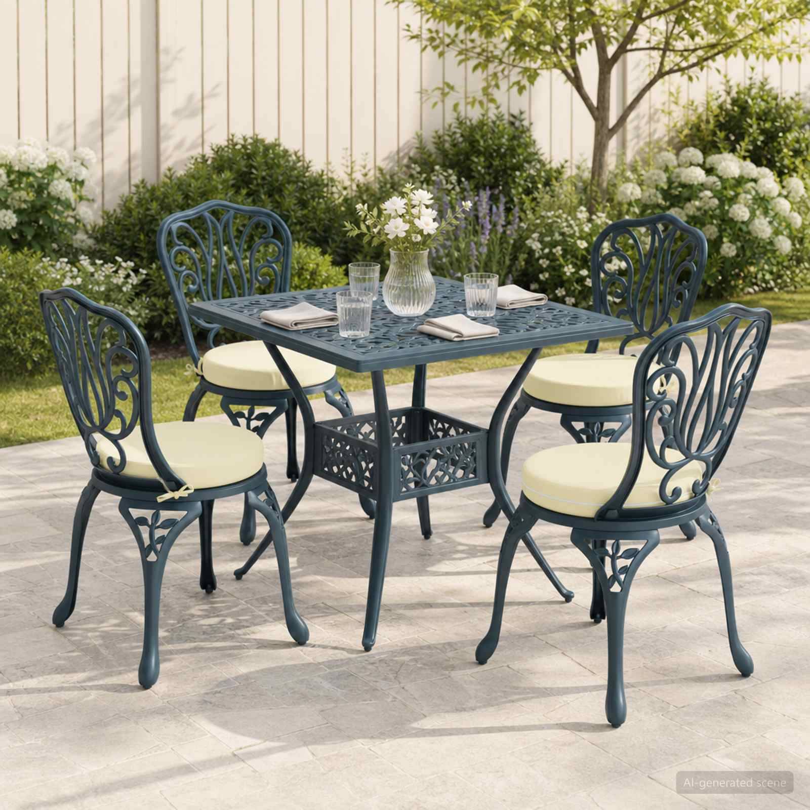 Gartenterrassentisch-Set im Freien mit vier verzierten blauen Metallstühlen um einen quadratischen Tisch, eingedeckt mit Blumen, Gläsern und Servietten.