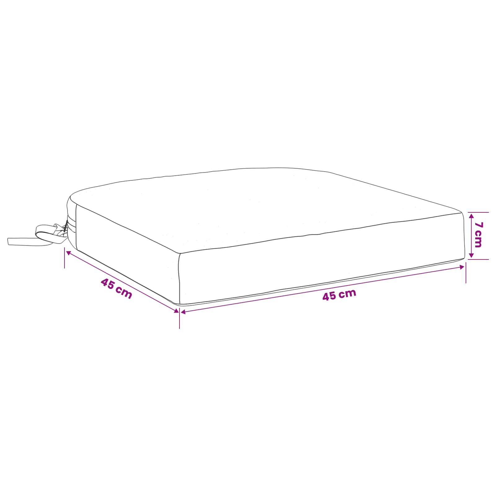 Abbildung eines quadratischen Kissens oder Sitzkissens mit den Maßen 45 cm × 45 cm und 7 cm Höhe, mit sichtbarem Seitenschleifer.