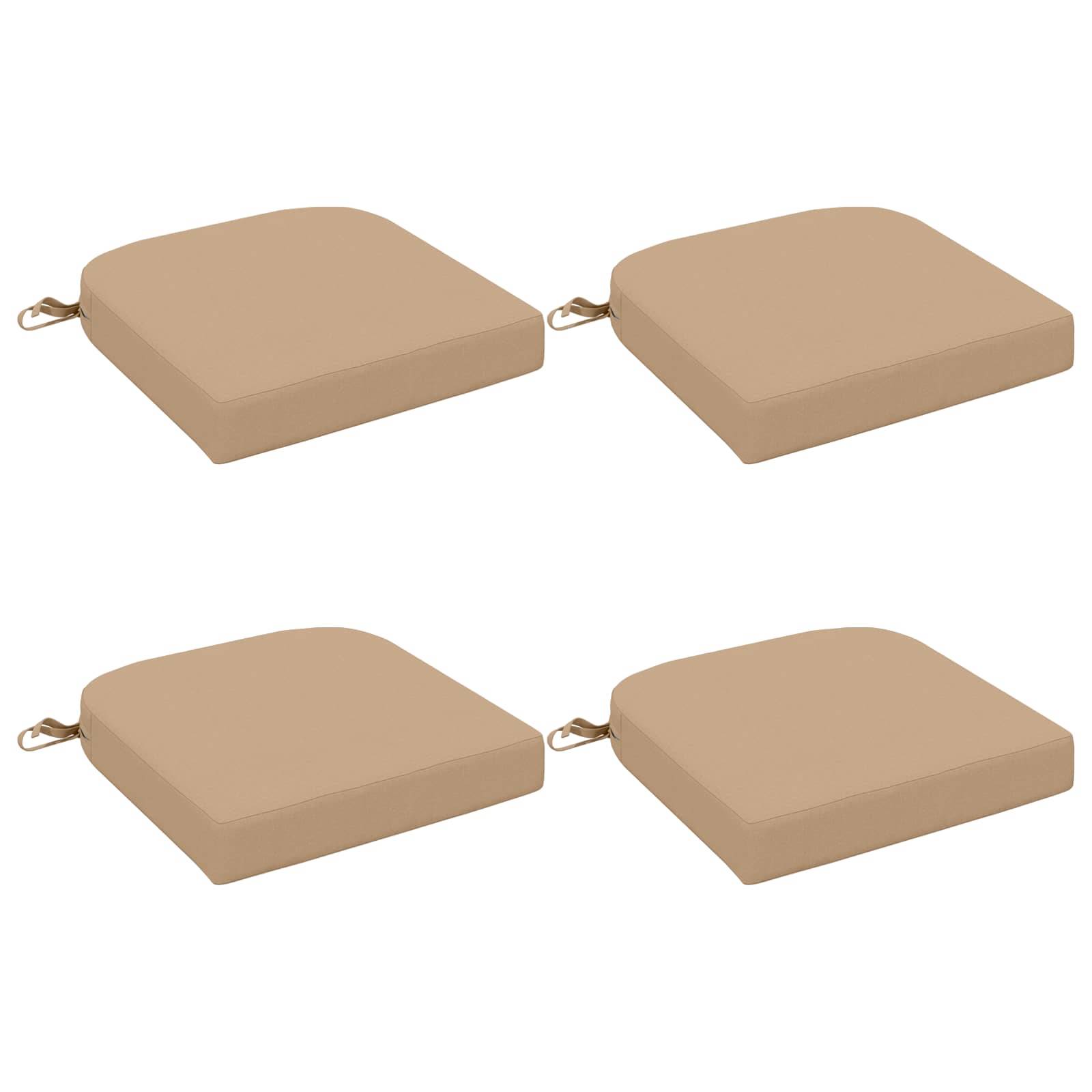 Vier beige quadratische Sitzkissen mit Bändern, gezeigt auf weißem Hintergrund.