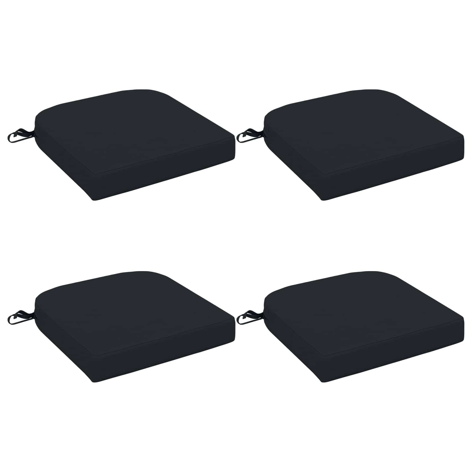 Vier schwarze quadratische Sitzkissen mit Bändern, in einer 2x2-Anordnung auf weißem Hintergrund dargestellt.
