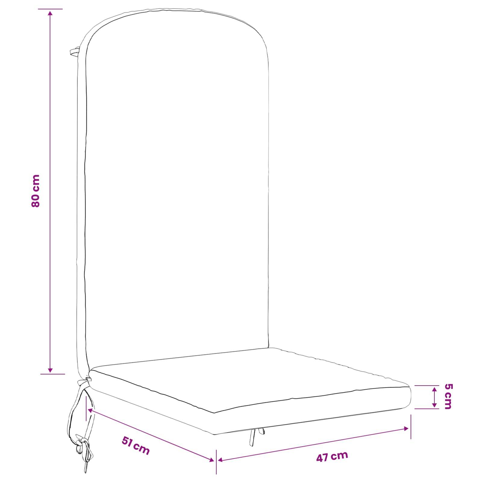 Maßstabszeichnung eines Stuhkissens mit hoher Rückenlehne: 80 cm hoch, 47 cm breit, 51 cm tief und 5 cm Sitzdicke.