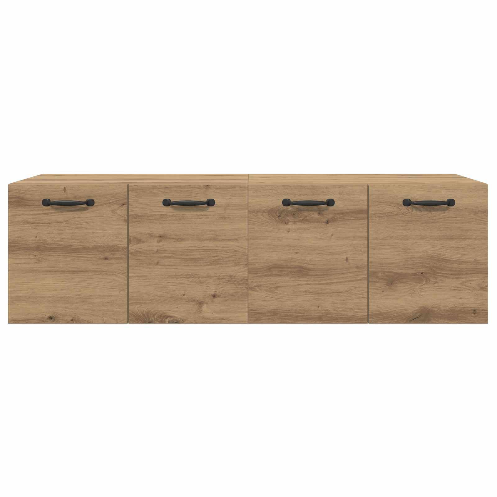 Holzschrank mit vier Türen, schwarzen Griffen und hellem Eichenfinish auf weißem Hintergrund.