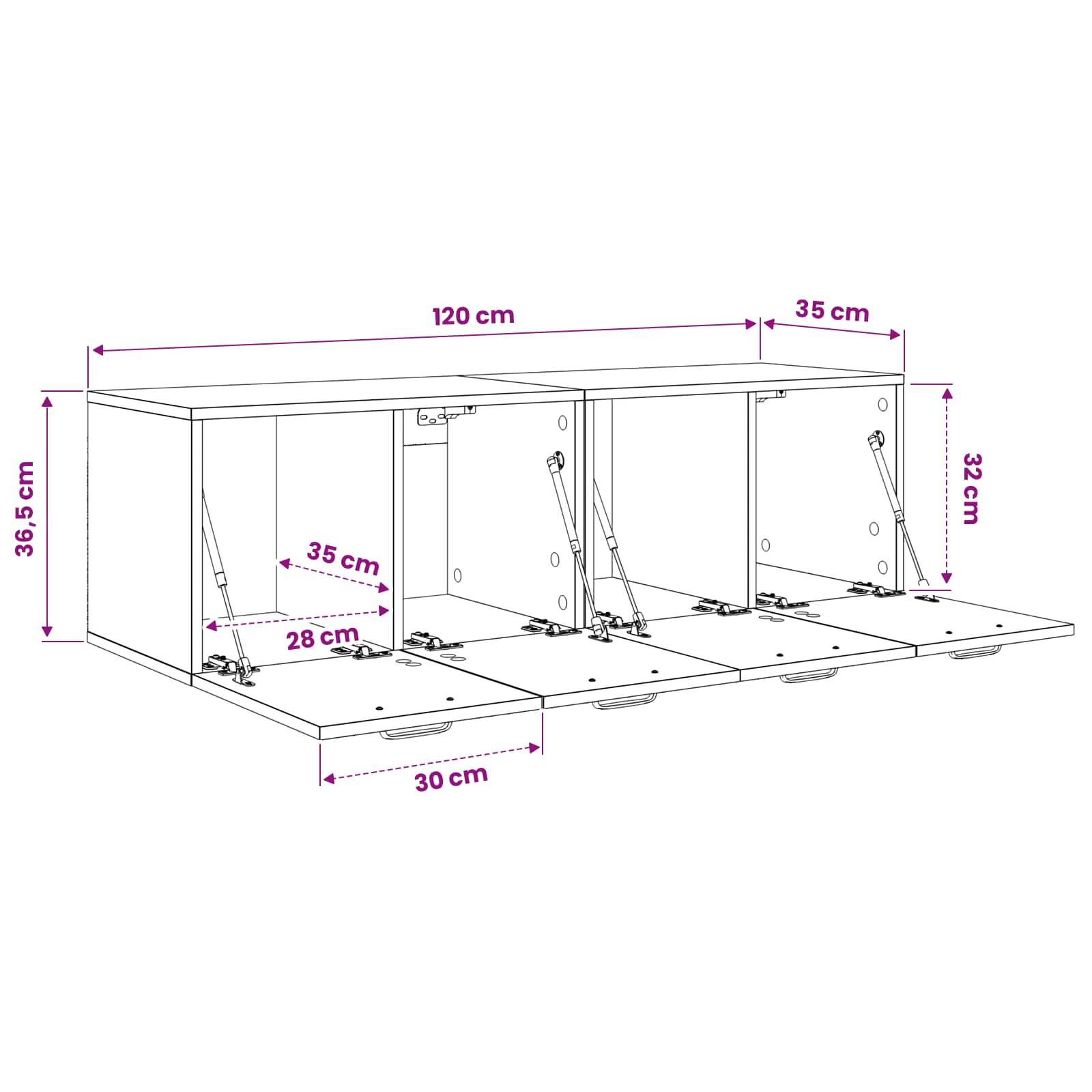 Technische Linienzeichnung eines dreiteiligen Wandschranks mit klappbaren Fronten, mit Abmessungen: 120 cm breit, 35 cm tief, 36,5 cm hoch und 32 cm Öffnungshöhe.